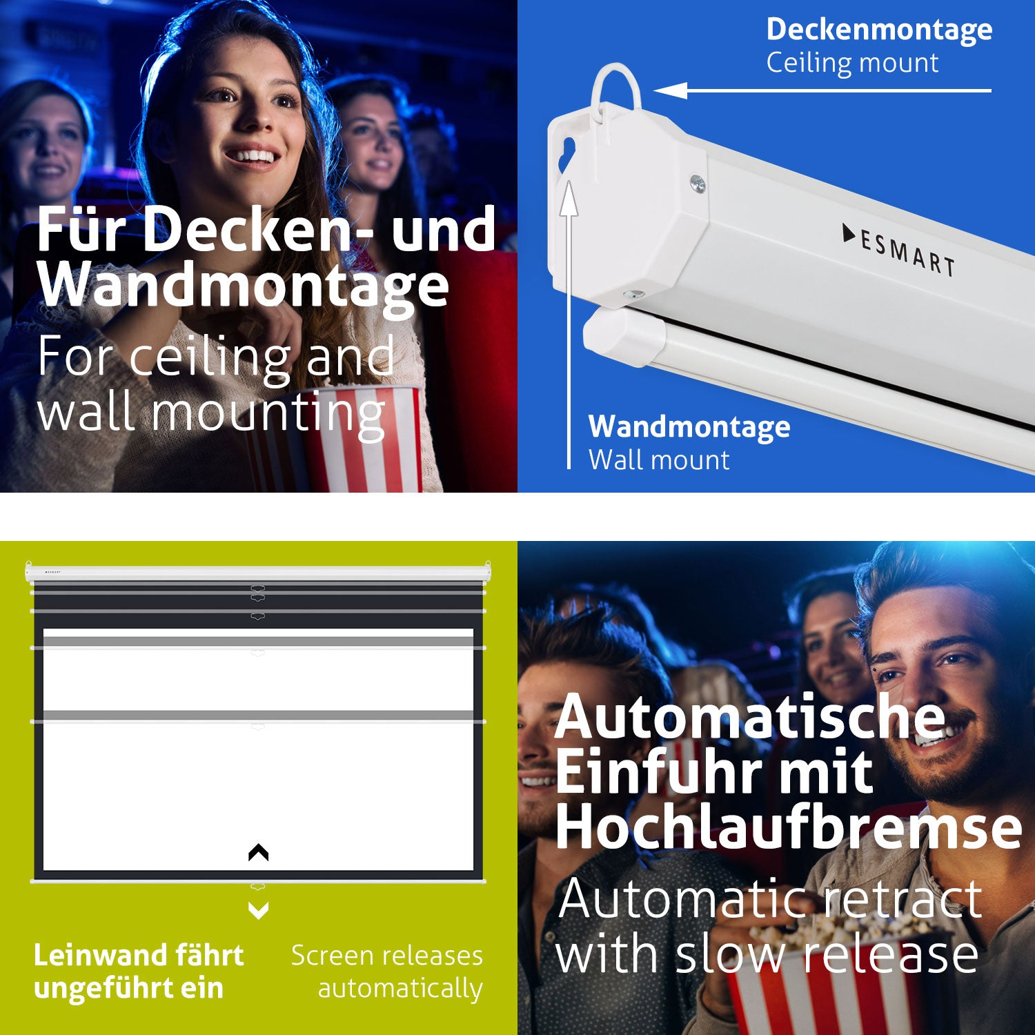 Das Bild zeigt Leute im Kino, einen Projektor und eine Leinwand. Der Text besagt Decken- und Wandmontage, automatischer Einzug.