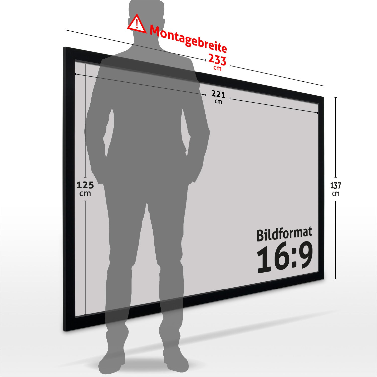 Ein Mann steht vor einer Leinwand mit den Maßen und dem Seitenverhältnis 16:9. Abmessungen sind 233 cm, 221 cm, 125 cm und 137 cm.