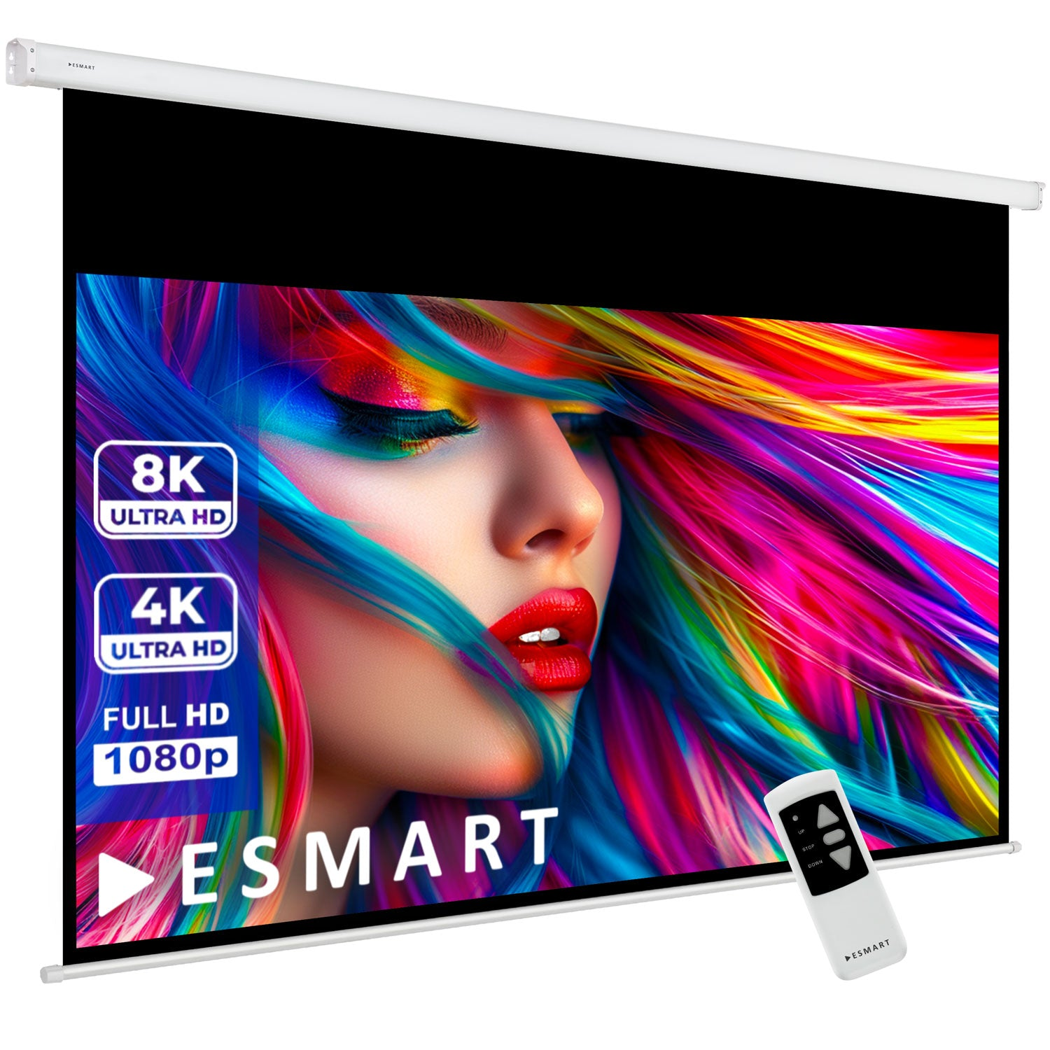 Projektorleinwand mit farbenfrohem Frauenbild. Mit 8K, 4K und Full HD. Eine Fernbedienung im Vordergrund.