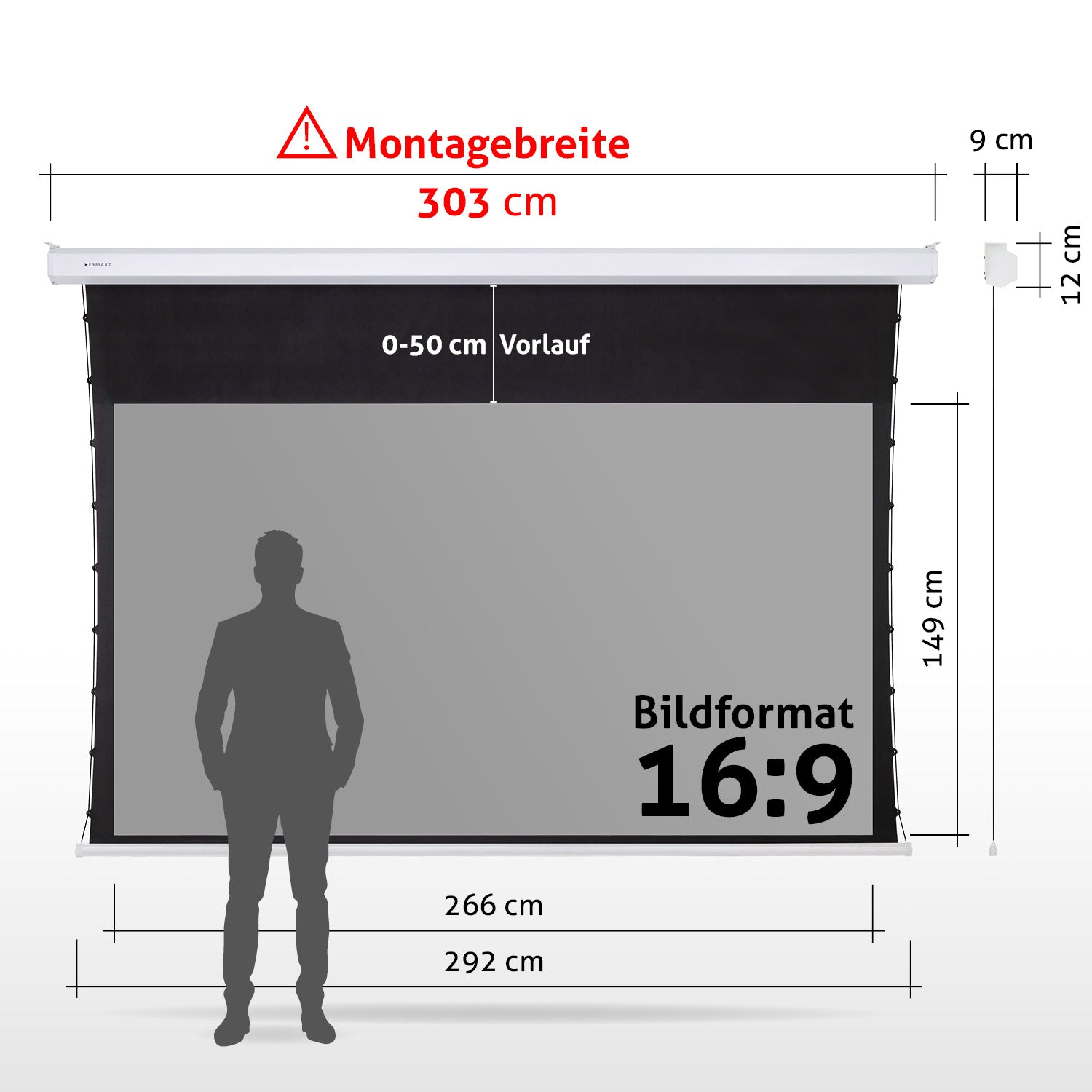 Eine Projektionsleinwand mit einer Männersilhouette davor. Abmessungen in cm, Format 16:9.