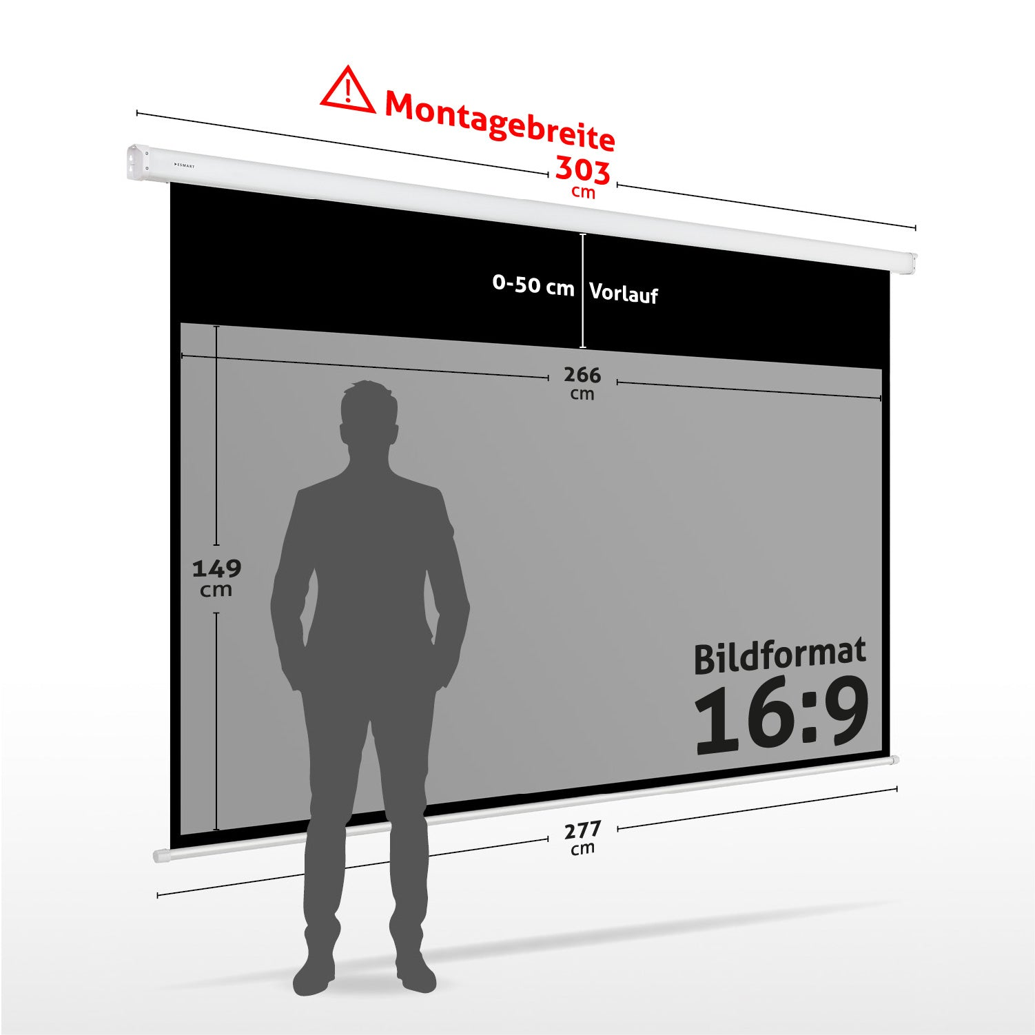 Eine Projektionsleinwand mit Maßen und einer Personensilhouette. Text enthält Abmessungen in cm, Seitenverhältnis 16:9 und weitere Details.