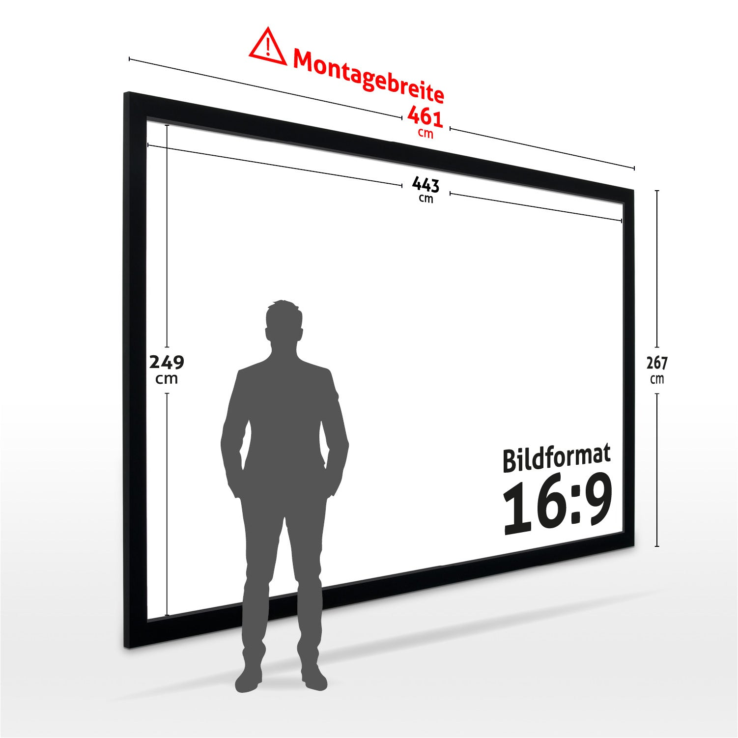 Großer schwarz gerahmter Bildschirm mit Maßangaben. Eine Silhouette einer Person steht davor. Text 'Bildformat 16:9' ist sichtbar.