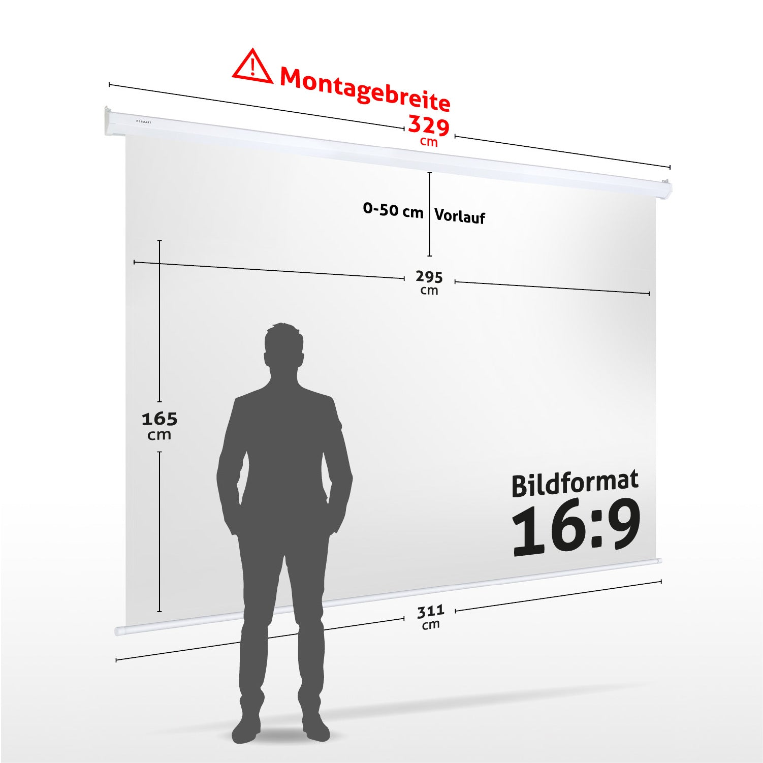 Eine Männersilhouette steht vor einer weißen Leinwand. Abmessungen und Text überlagern, Größe und Seitenverhältnis.
