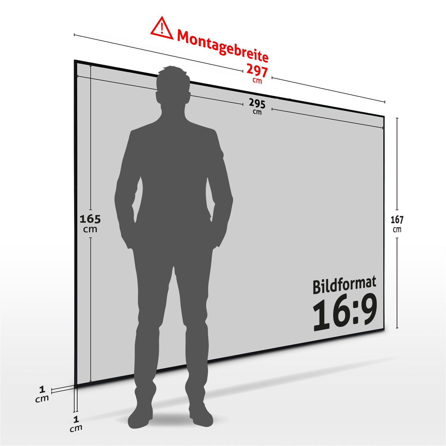 Eine Männersilhouette steht vor einer Leinwand mit Abmessungen und Seitenverhältnis. Text enthält 'Montagebreite' und 'Bildformat 16:9'.