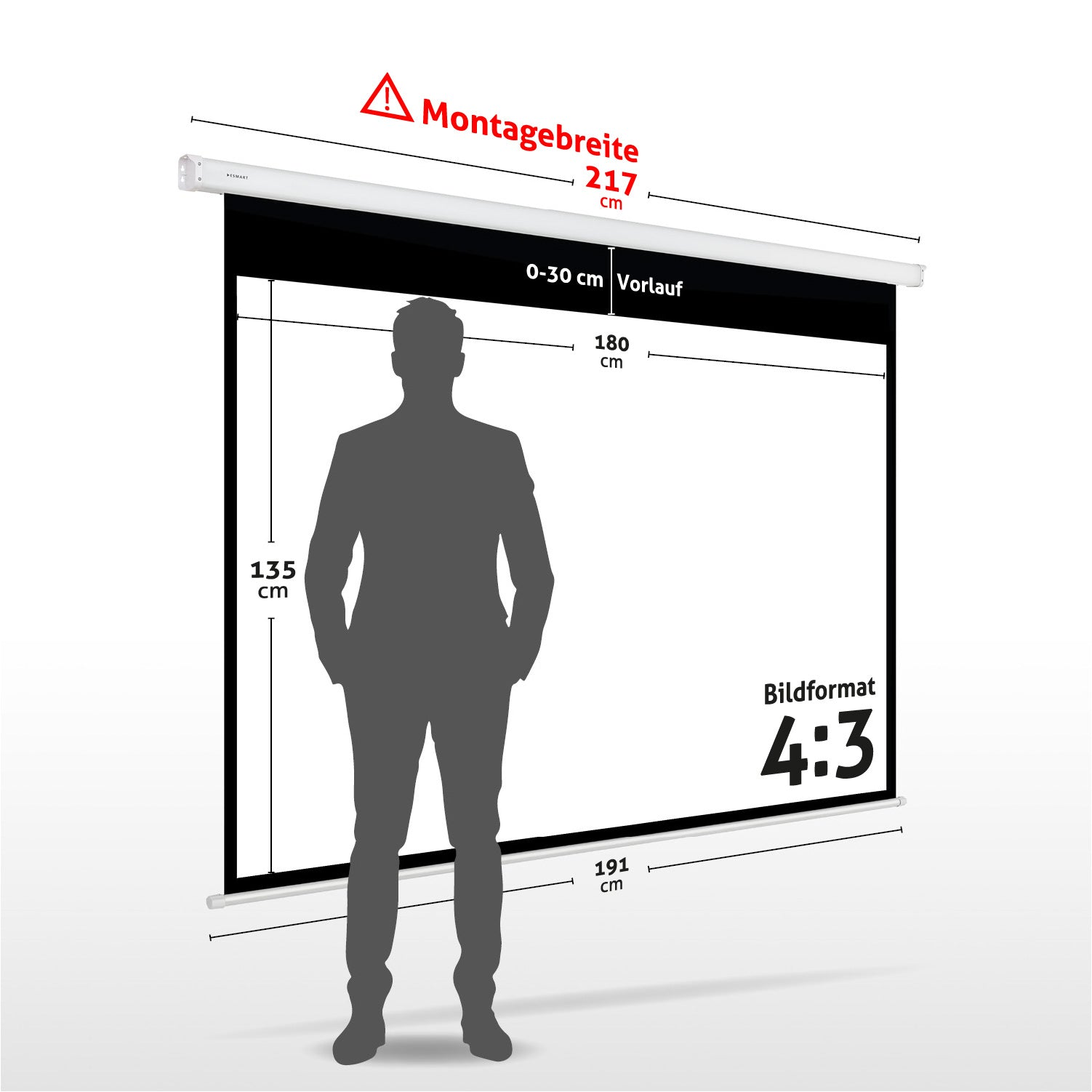 Eine Projektionsleinwand mit Maßen und einer Personensilhouette davor. Anmerkungen umfassen Breite, Höhe und Format (4:3).