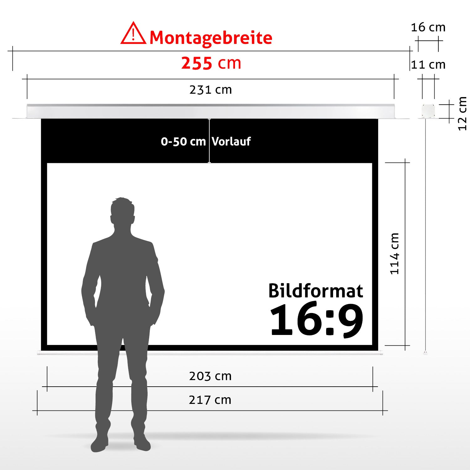 Diagramm einer Projektorleinwand mit Maßen. Eine Silhouette steht davor. Text enthält 'Montagebreite' und '16:9'.