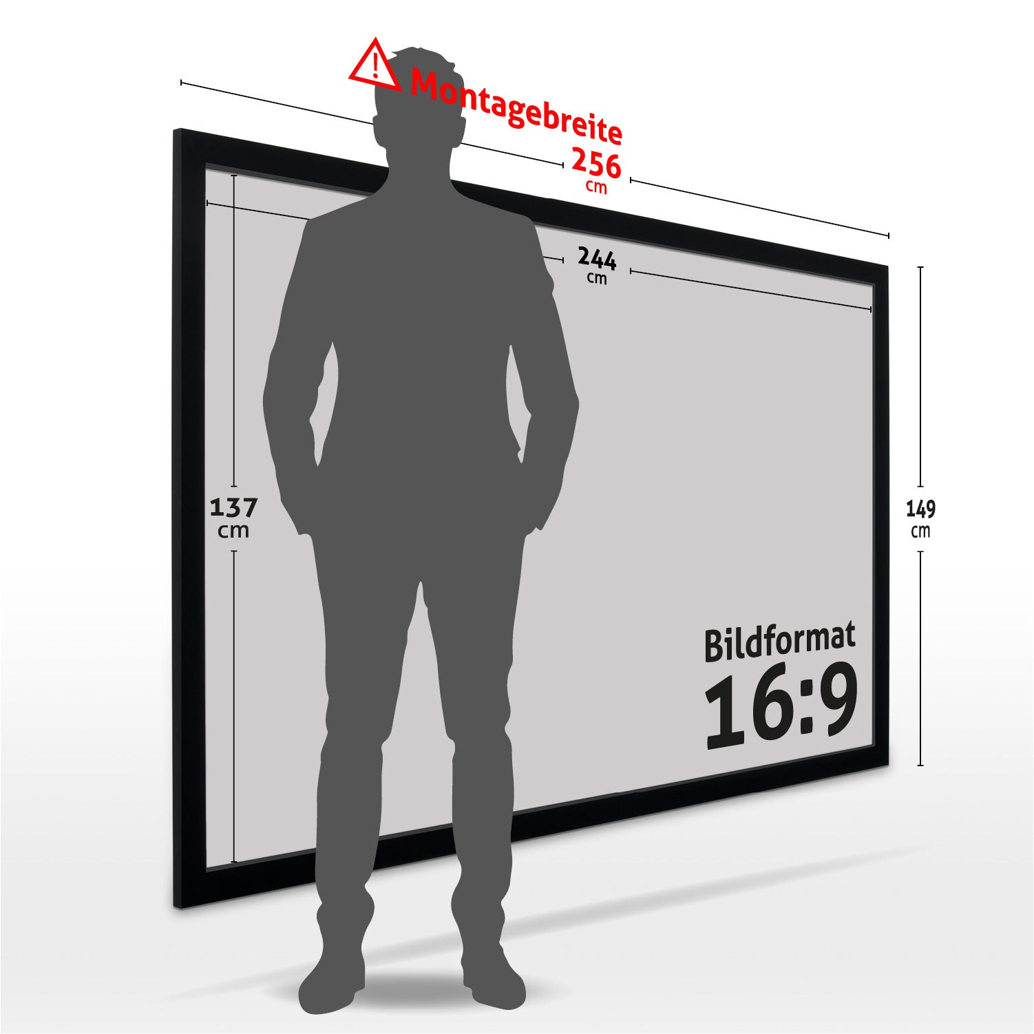Eine Person steht vor einer großen, schwarz gerahmten Leinwand mit Maßen in cm. Der Bildschirm hat ein 16:9-Format.