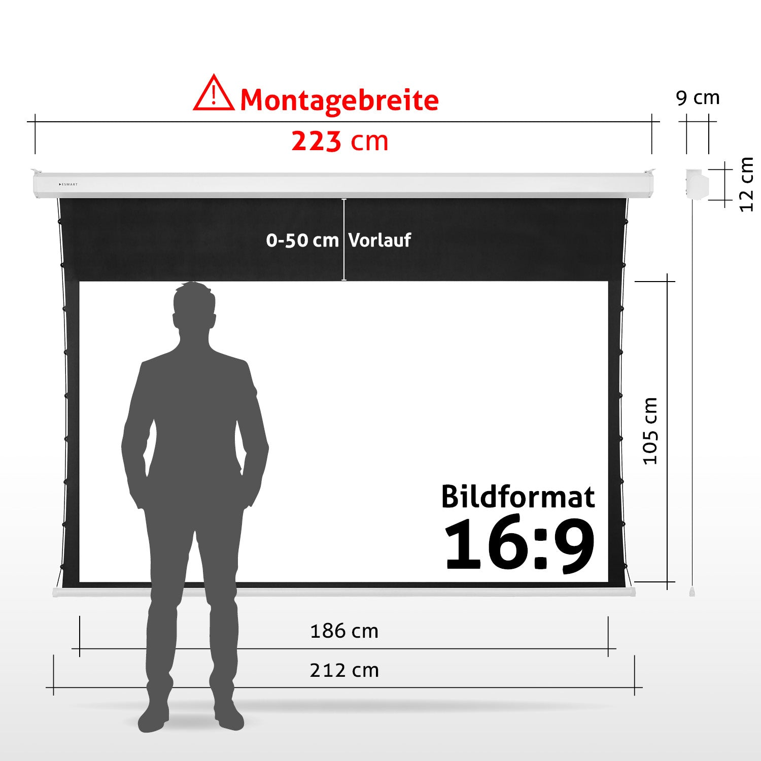 Ein Mann steht vor einer Projektionsleinwand. Maße und Beschriftungen überlagern, zeigen Größe und Seitenverhältnis.