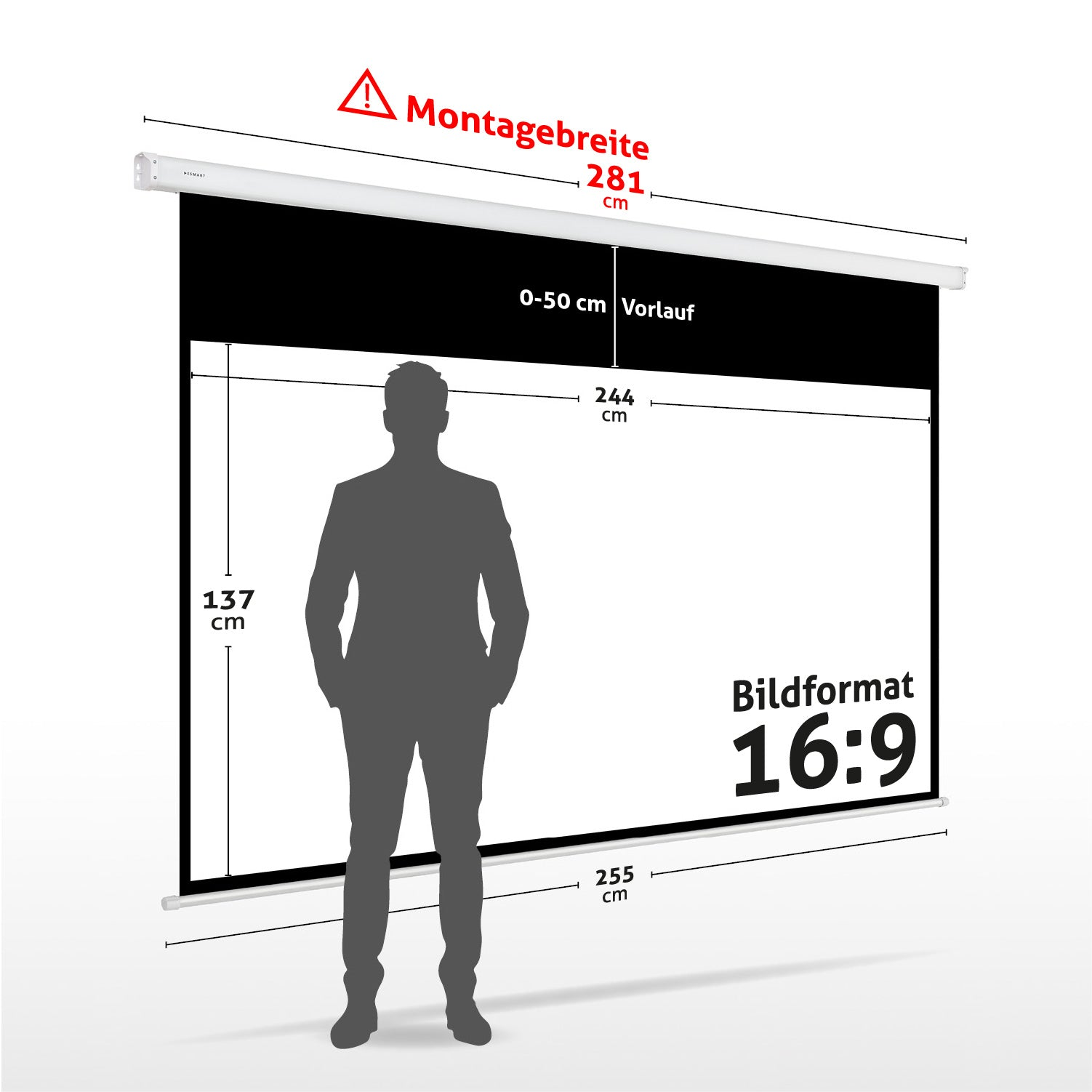 Eine Projektionsleinwand mit Maßen und einer Personensilhouette im Vordergrund. Text beschriftet Maße in cm.