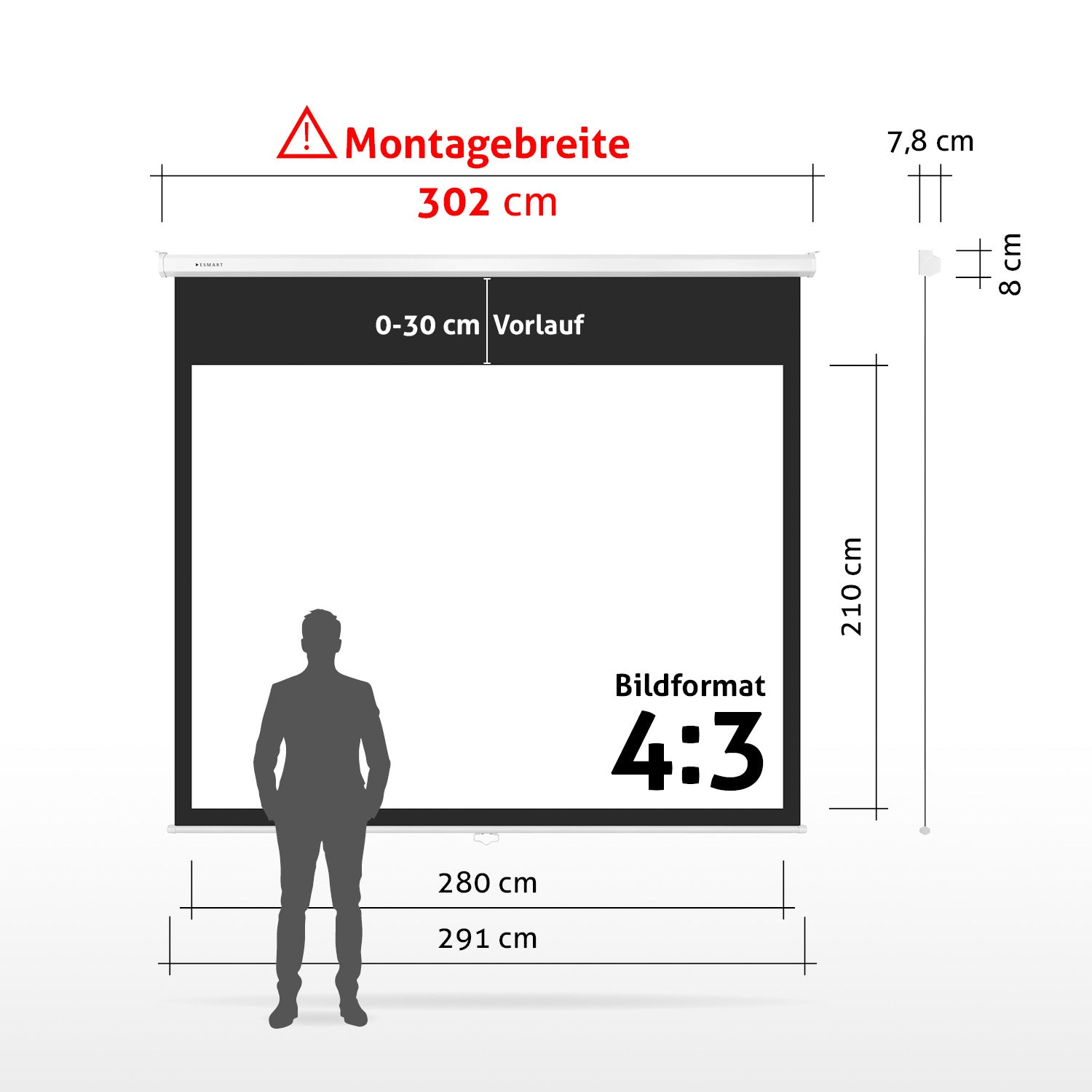 Diagramm einer Projektorleinwand mit Abmessungen und einer Personensilhouette. Maße sind in cm, und das Seitenverhältnis ist 4:3.