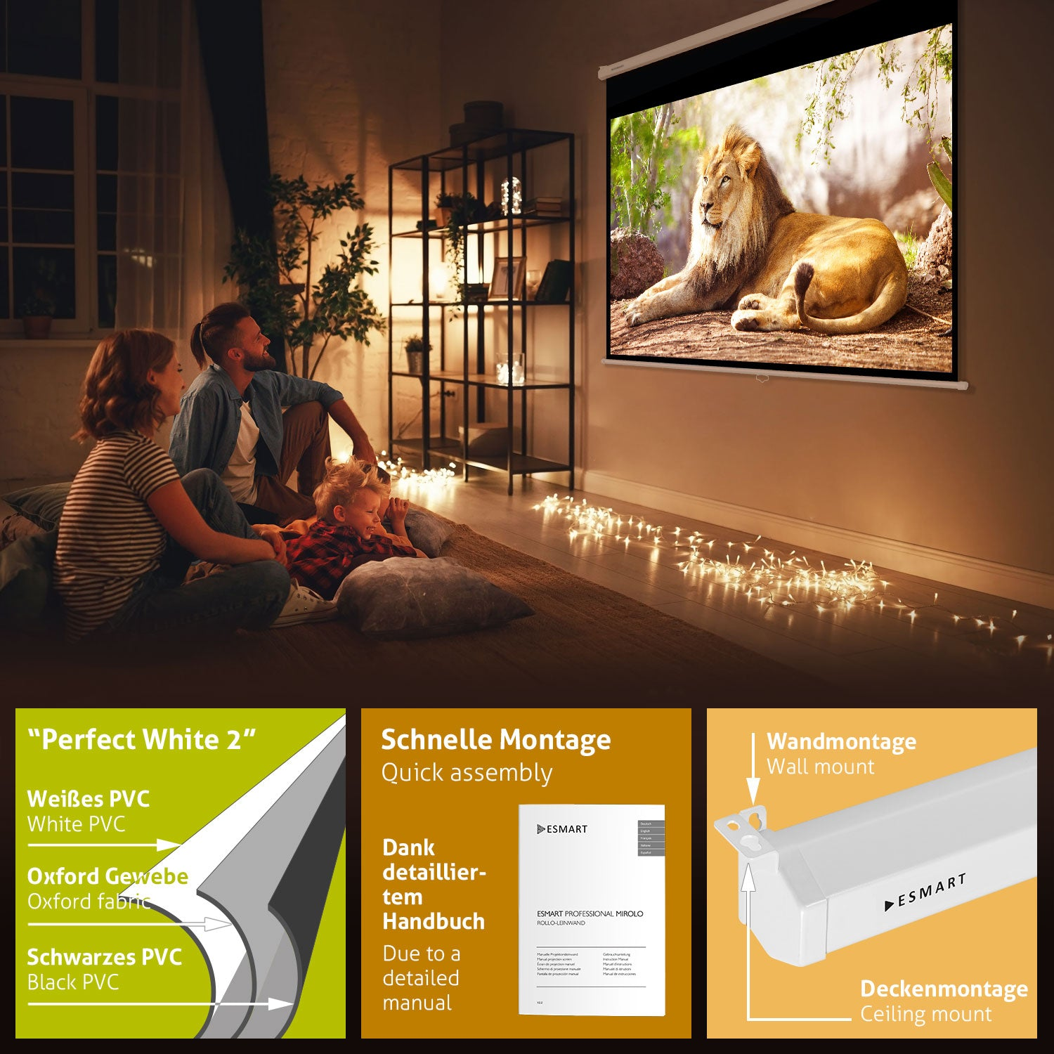 Familie, die sich eine Löwenprojektion ansieht. Enthält Produktdetails für eine Projektorleinwand mit Spezifikationen und Montageoptionen.