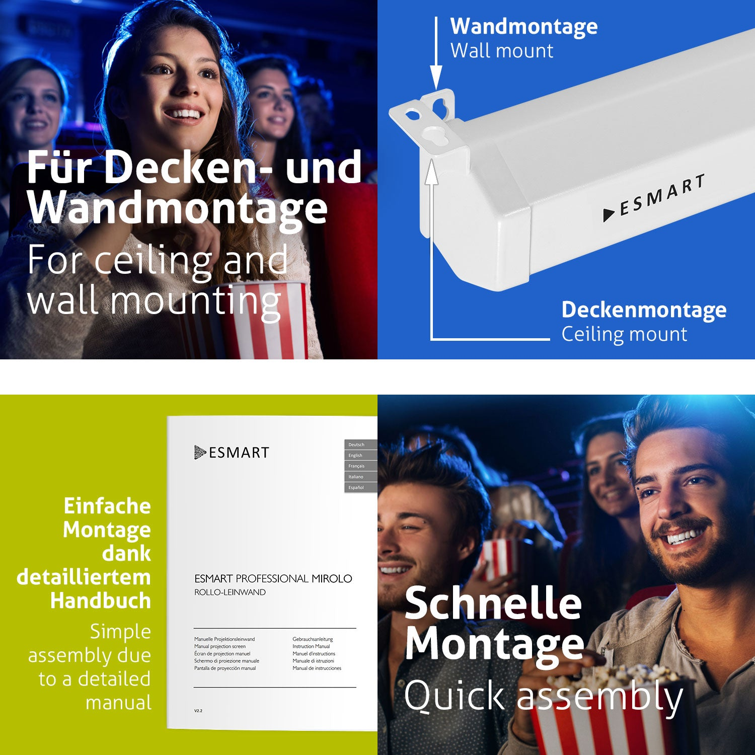 Das Bild zeigt Leute in einem Kino, ein Produkt und Text. Der Text hebt Decken- und Wandmontage, schnelle Montage und Handbuch hervor.