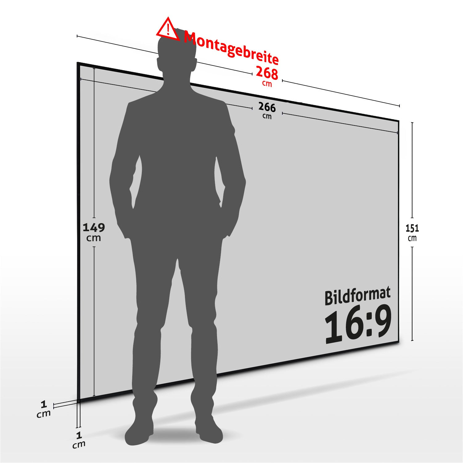 Silhouette eines Mannes vor einem Bildschirm mit Abmessungen und Seitenverhältnis. Warnhinweise und Größenangaben sind vorhanden.