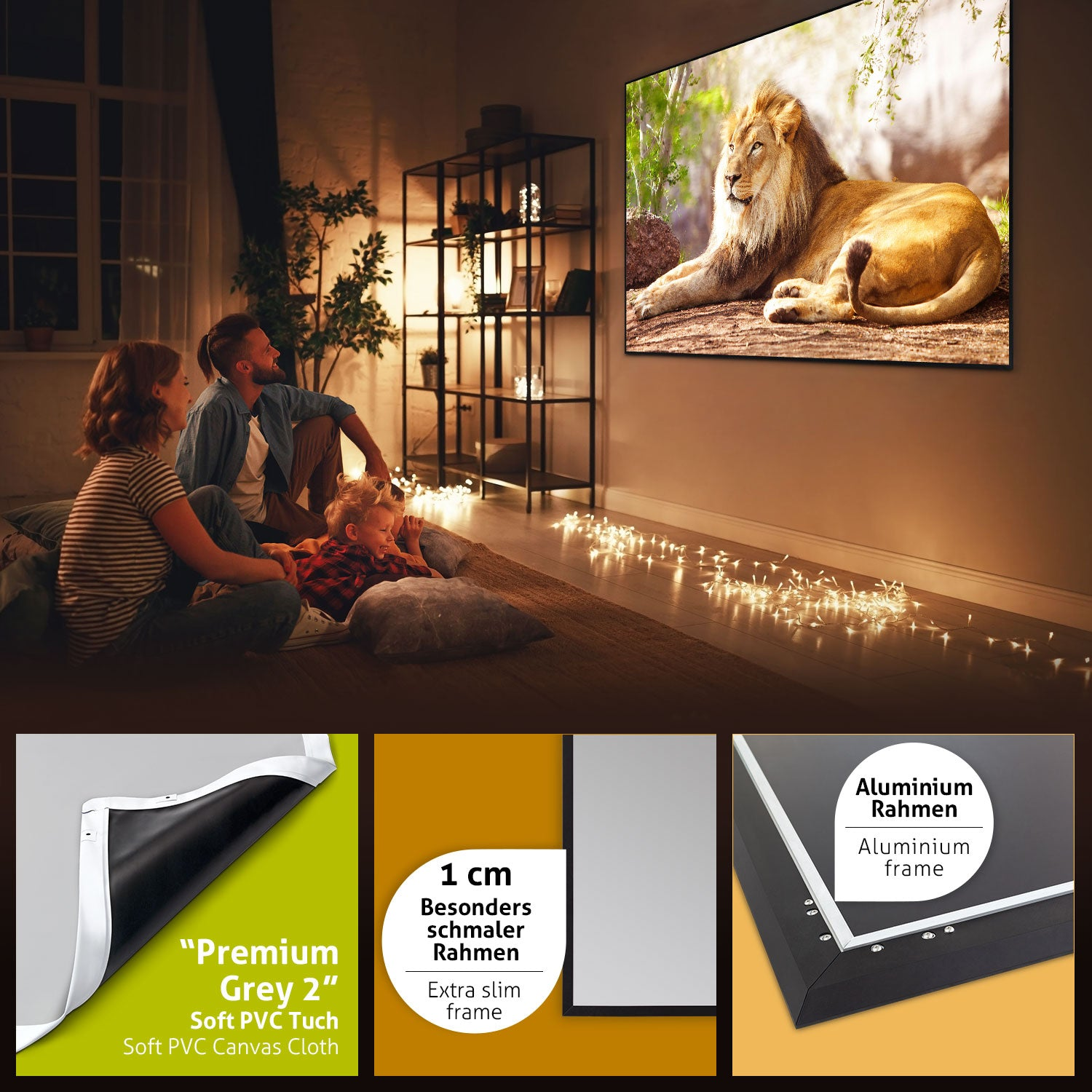 Eine Familie betrachtet ein Löwenbild auf einer großen Leinwand. Der Bildschirm ist gerahmt. Details zeigen das Bildschirmmaterial und den schlanken Rahmen.