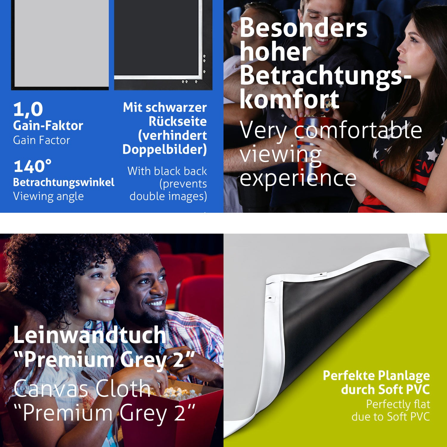 Das Bild zeigt eine Kinoleinwand mit Text über den Gain-Faktor, den Betrachtungswinkel und ein angenehmes Seherlebnis.