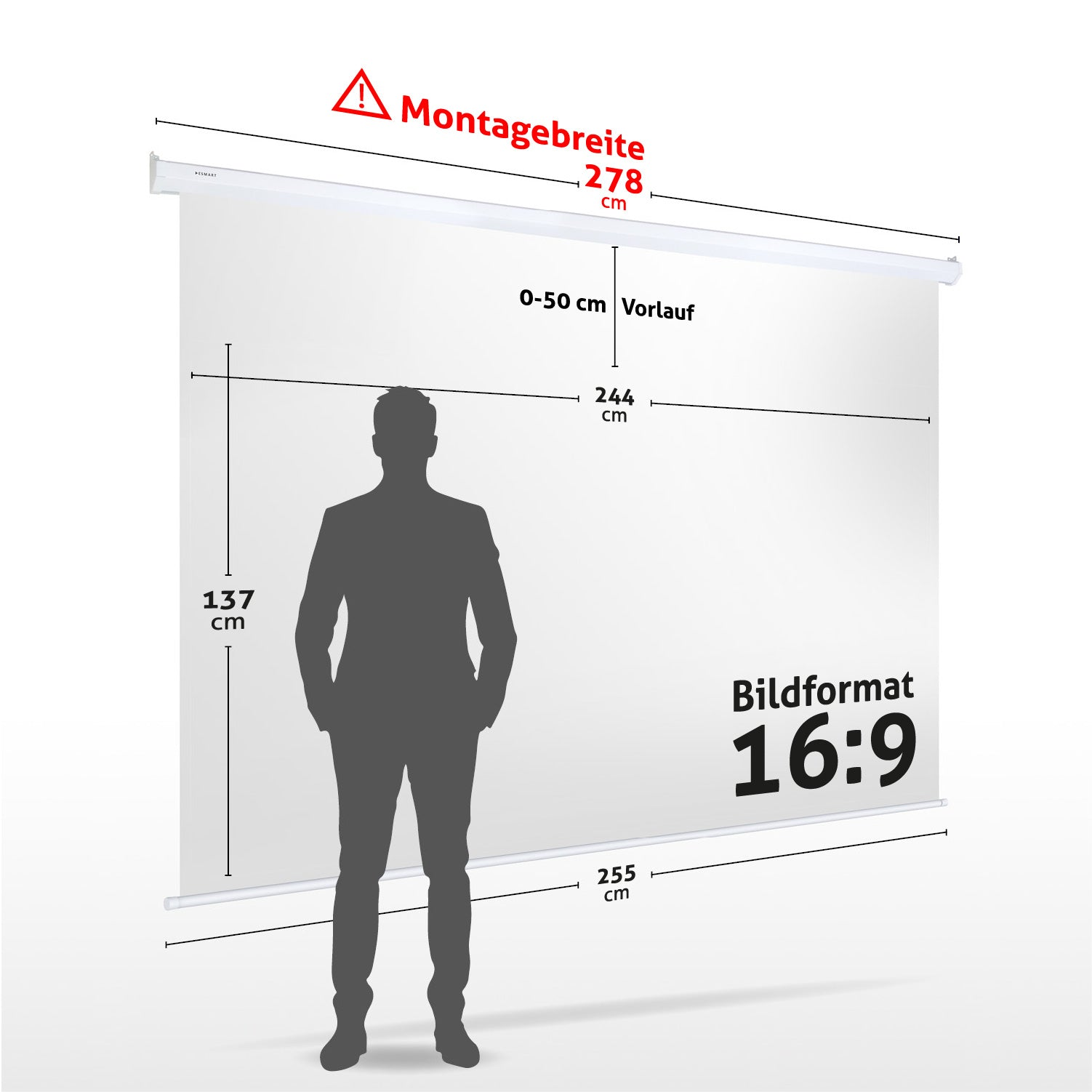 Eine weiße Projektorleinwand mit Maßen und einer Personensilhouette. Text zeigt Montagebreite, Vorlauf und Bildformat.