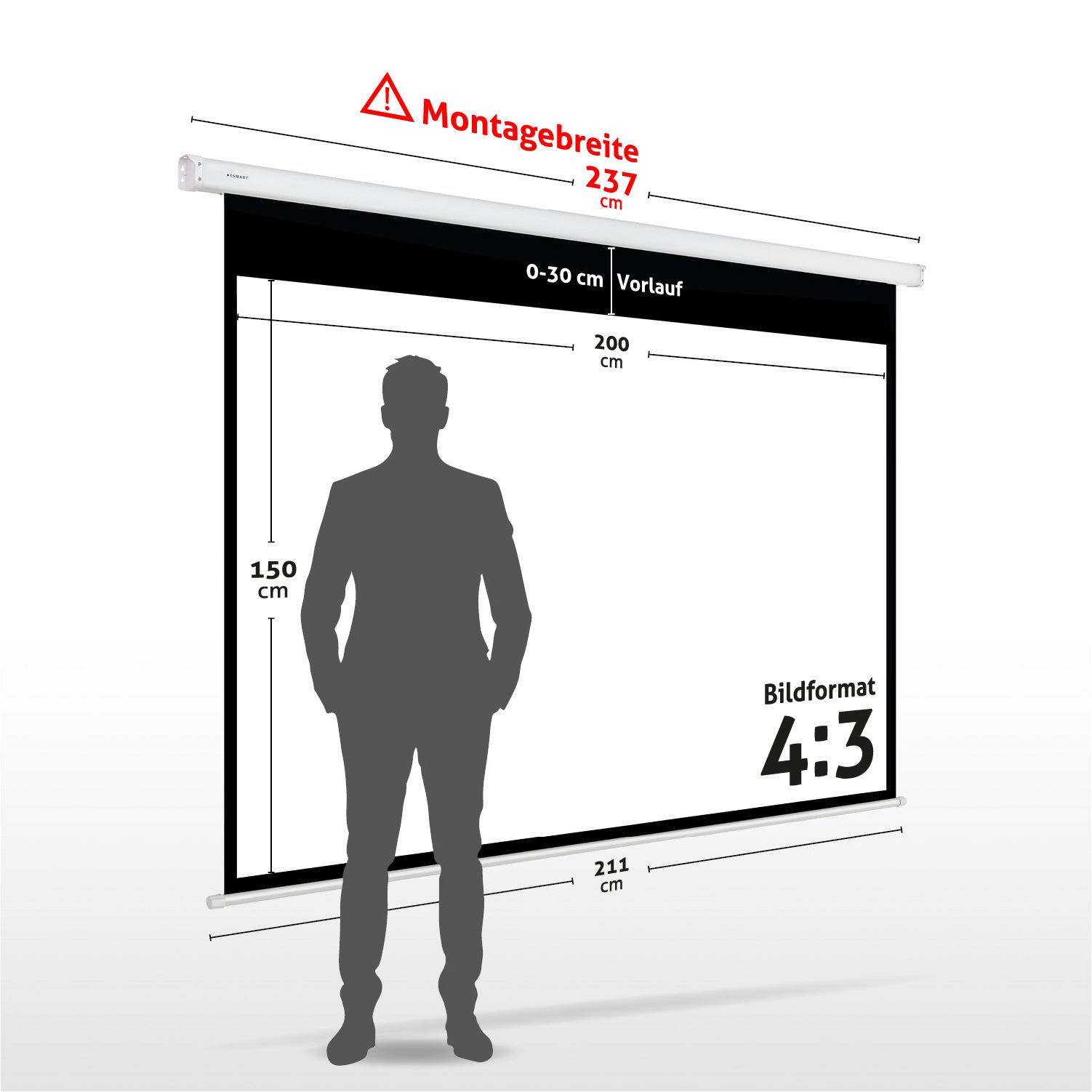 Eine Projektionsleinwand mit cm-Angaben. Eine Person steht vor der Leinwand. Das Seitenverhältnis beträgt 4:3.