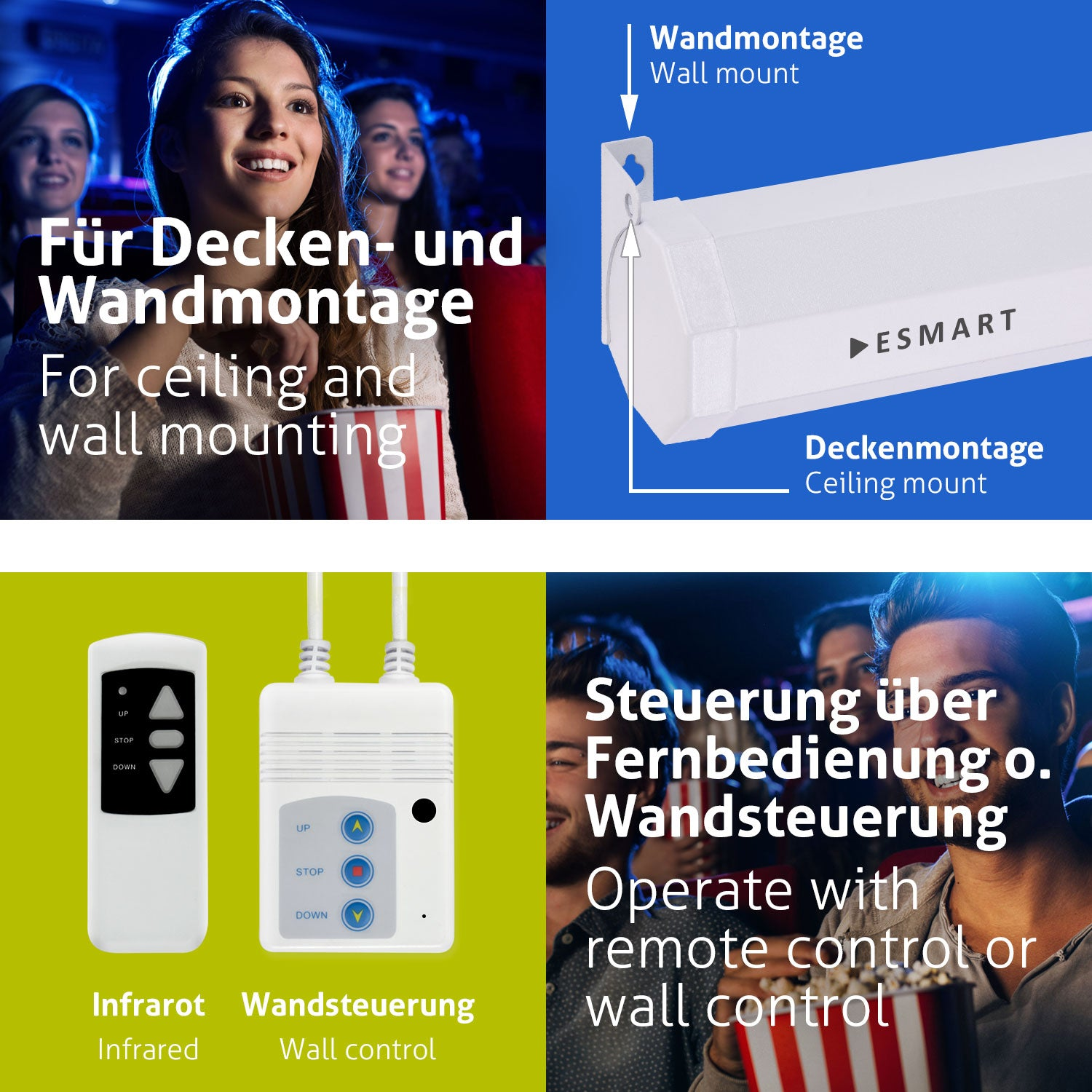 Das Bild zeigt eine Kinoszene, Produktdetails und Steuerungsmöglichkeiten. Text umfasst Decken-/Wandmontage, Fernbedienung/Wandsteuerung und Infrarot/Wandsteuerung.