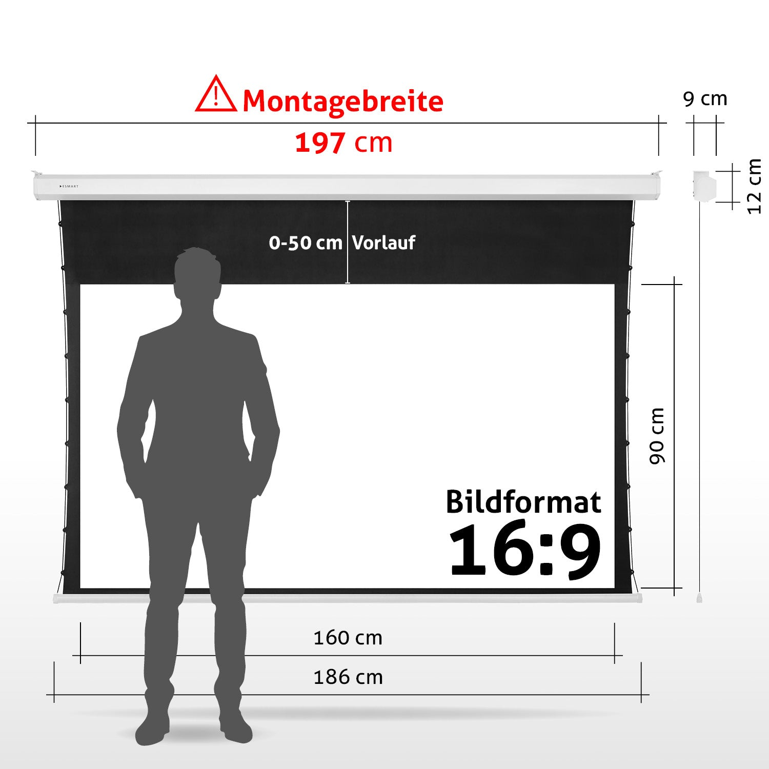 Ein Mann steht vor einer Projektorleinwand. Maße sind beschriftet: 197 cm Breite, 90 cm Höhe, 16:9 Format. Text: Montagebreite, Bildformat.