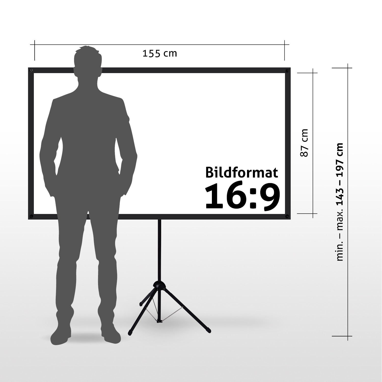 Eine Männersilhouette steht neben einer Projektionsfläche. Abmessungen: 155 cm Breite, 87 cm Höhe und ein 16:9-Format.