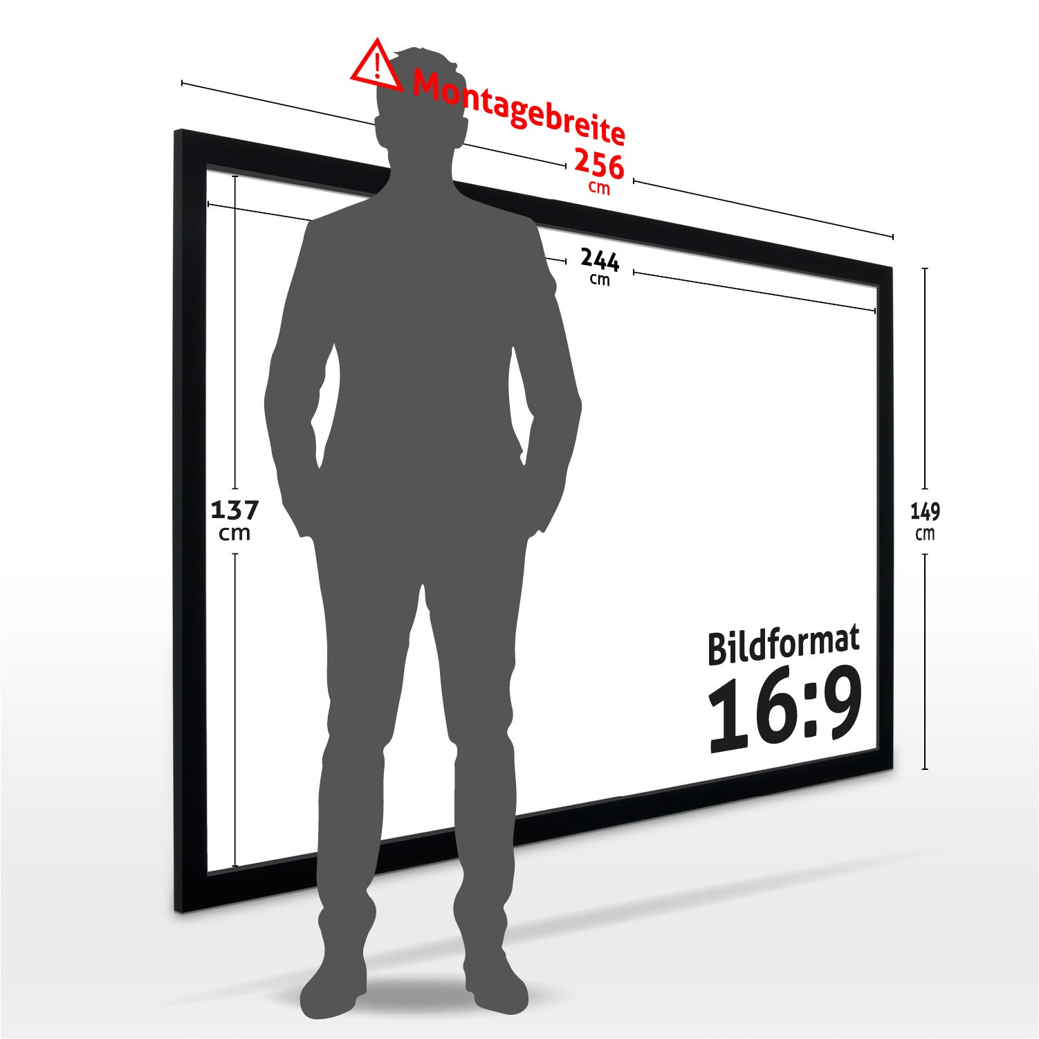 Eine Silhouette steht vor einem schwarzen Rechteck. Text zeigt Abmessungen: 256 cm, 244 cm, 149 cm und 137 cm. Es steht 'Bildformat 16:9'.