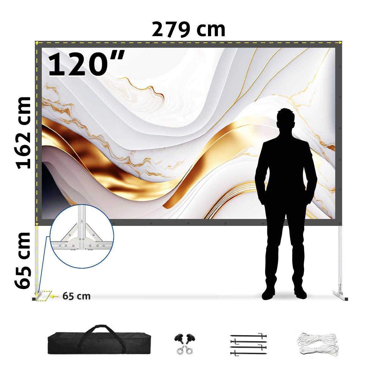 Eine große Projektorleinwand mit einer Männersilhouette davor. Abmessungen werden angezeigt. Zubehör befindet sich unten.