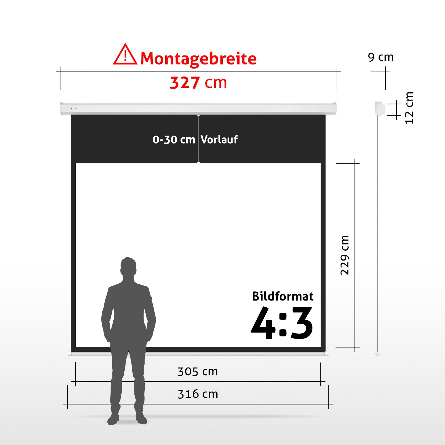 Eine Projektionsleinwand mit Maßen und einer Personensilhouette davor, mit Maßen in Zentimetern.