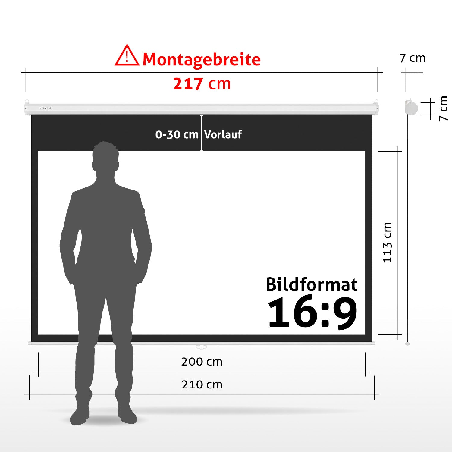 Ein Mann steht vor einer Leinwand mit Abmessungen und Beschriftungen. Bildschirmgröße: 210 cm x 113 cm. Seitenverhältnis: 16:9.
