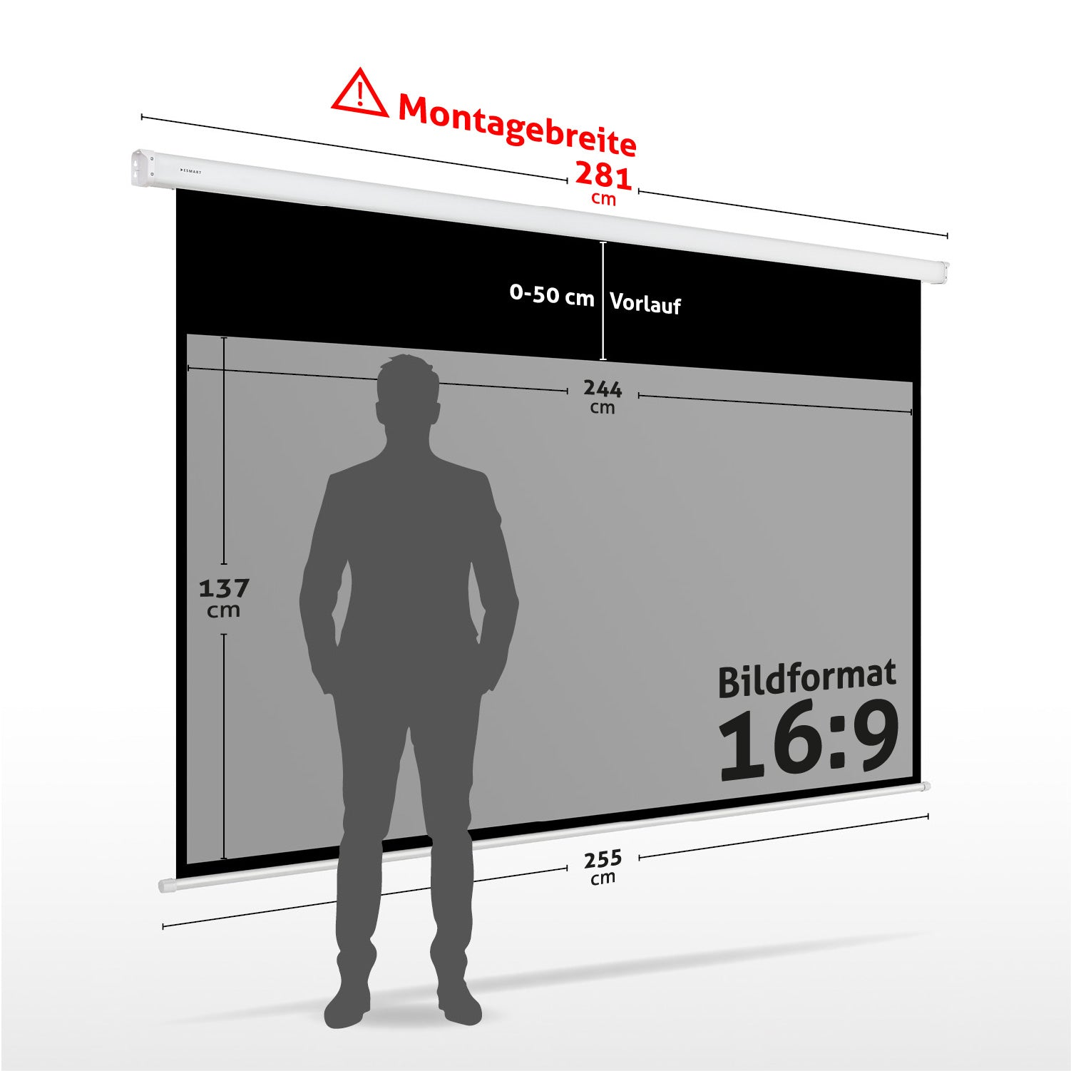Eine Projektionsleinwand mit Maßangaben. Eine Personensilhouette befindet sich vor der Leinwand. Text enthält '16:9' und Maße.