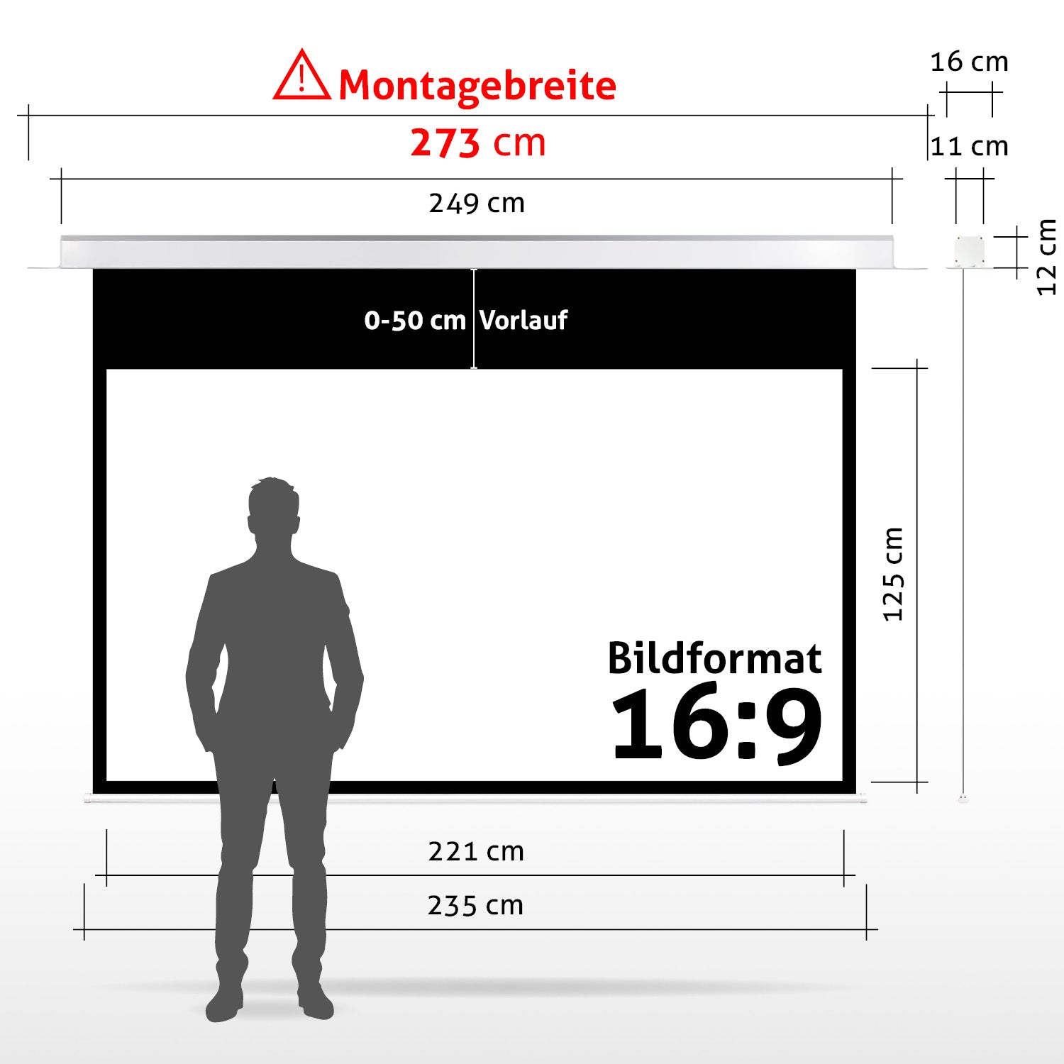 Diagramm einer Projektorleinwand mit Maßen. Eine Person Silhouette steht davor. Text enthält 'Montagebreite' und '16:9'.