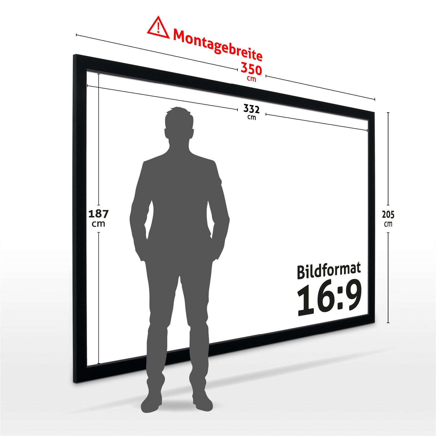 Eine Männersilhouette steht vor einer großen, schwarz gerahmten Leinwand, mit Maßangaben. Bildschirmformat: 16:9. Maße in cm.