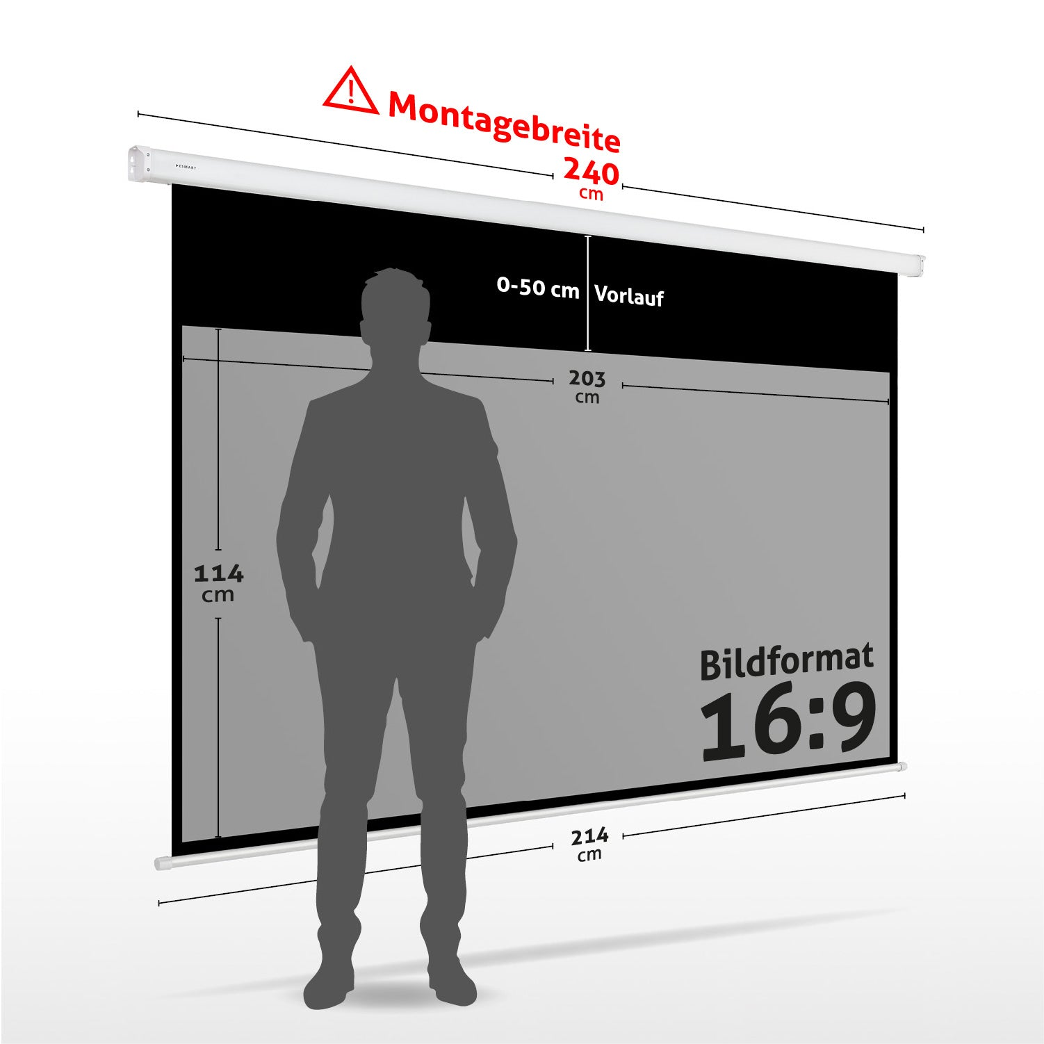 Ein Mann steht vor einer Projektionsleinwand. Abmessungen und Beschriftungen sind dargestellt. Das Seitenverhältnis ist 16:9.