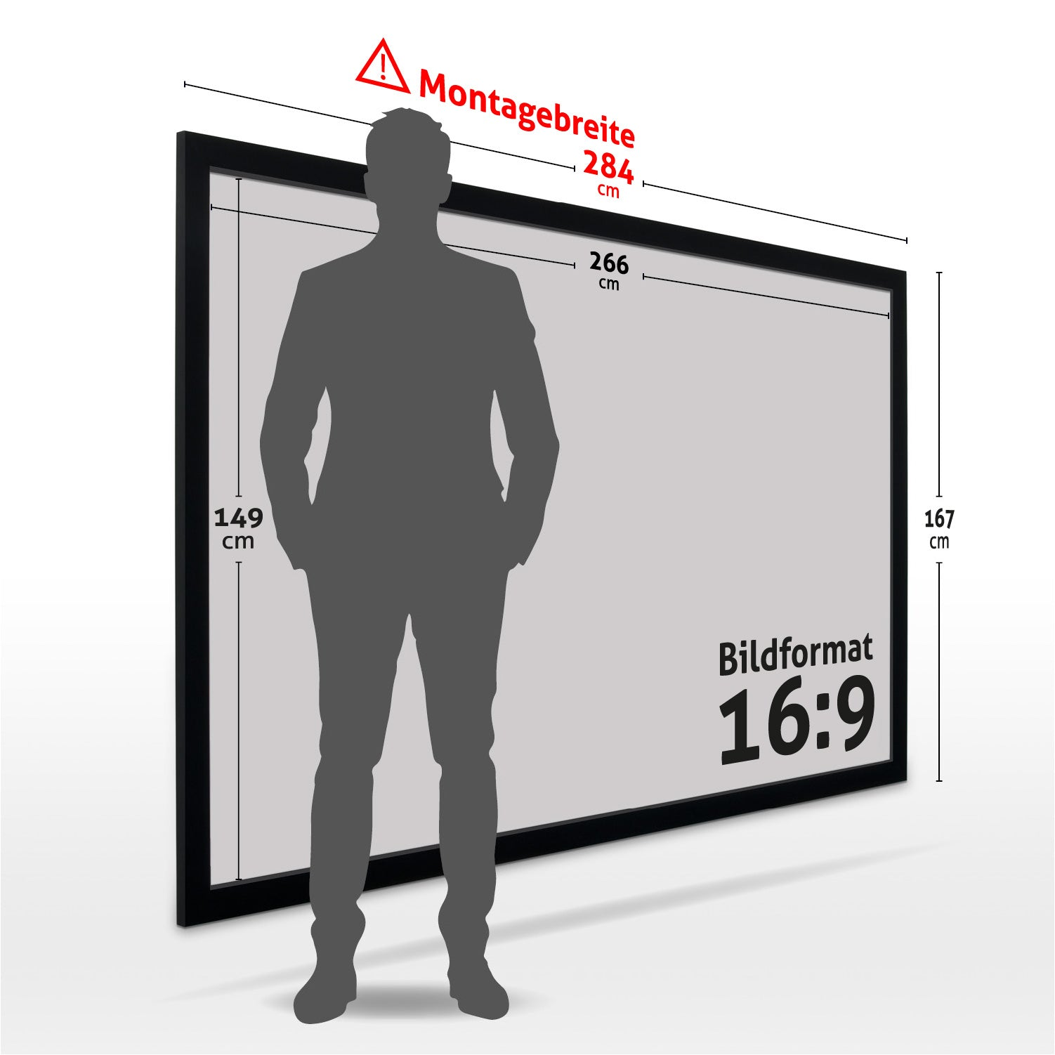 Ein Mann steht vor einem großen, schwarz umrandeten Bildschirm. Abmessungen sind in cm angegeben, zusammen mit einem Warnsymbol und dem Format 16:9.