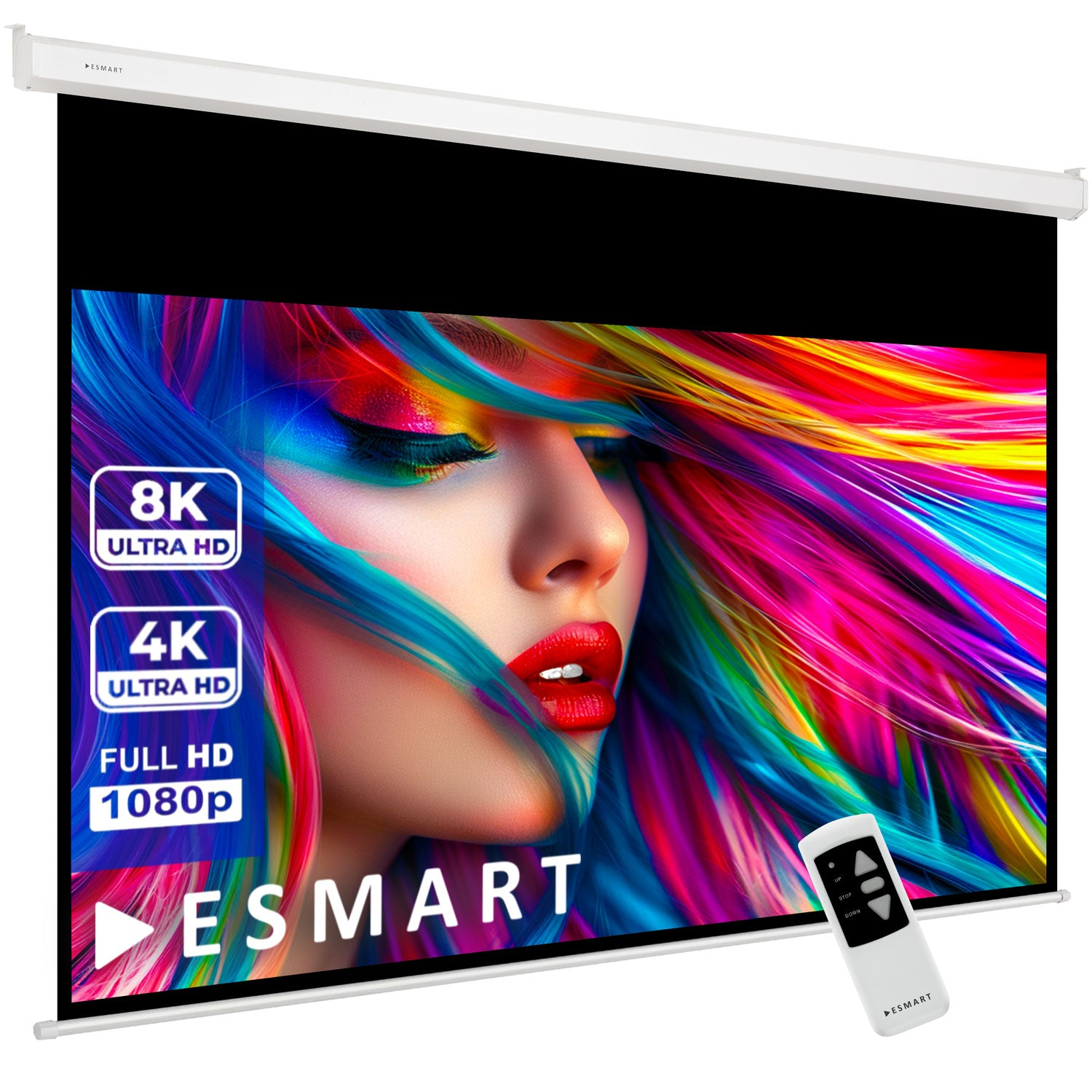 Projektorleinwand mit farbenfrohem Frauenbild. Zeigt 8K, 4K und 1080p Auflösungsoptionen und hat eine Fernbedienung.