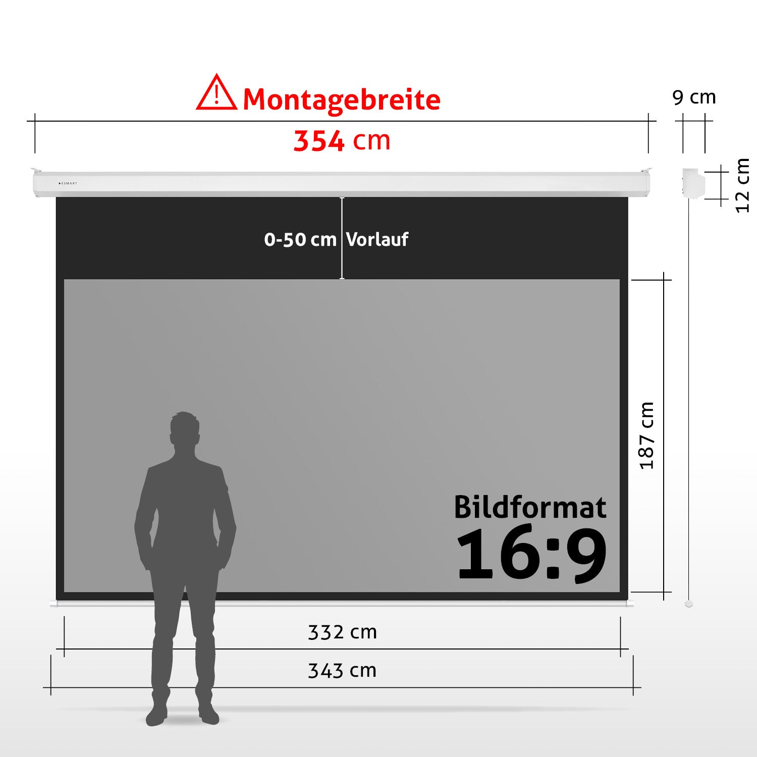Eine Projektionsleinwand mit Maßen und einer Personensilhouette davor. Text enthält 'Montagebreite' und 'Bildformat 16:9'.