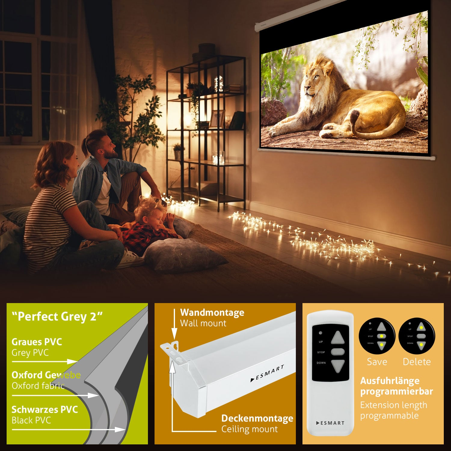 Familie schaut Film auf Leinwand. Löwe ist zu sehen. Raum hat Lichterkette und Regal. Zusätzliche Produktbilder.