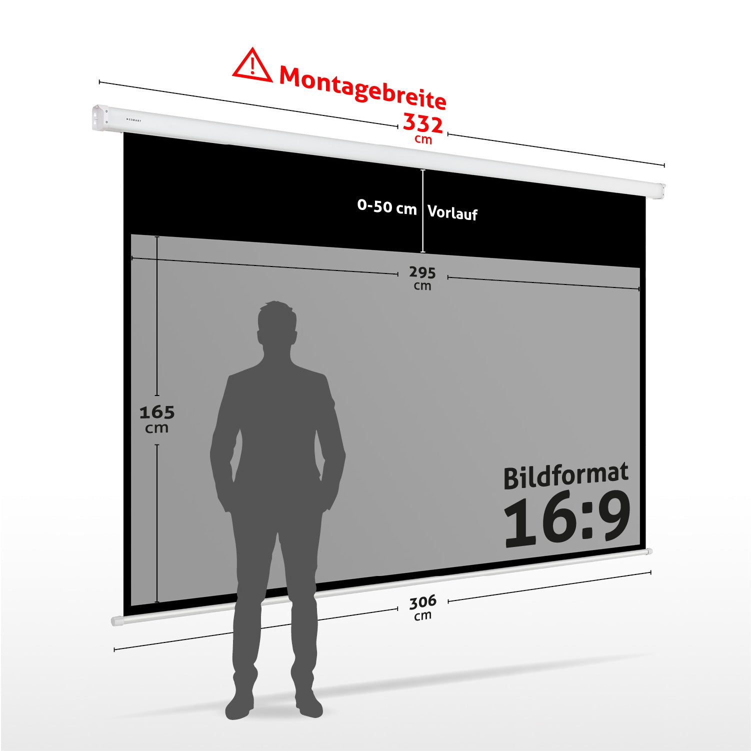 Eine Projektionsleinwand mit Maßen und einer menschlichen Silhouette. Text enthält 'Montagebreite', 'Bildformat 16:9' und Maße in cm.