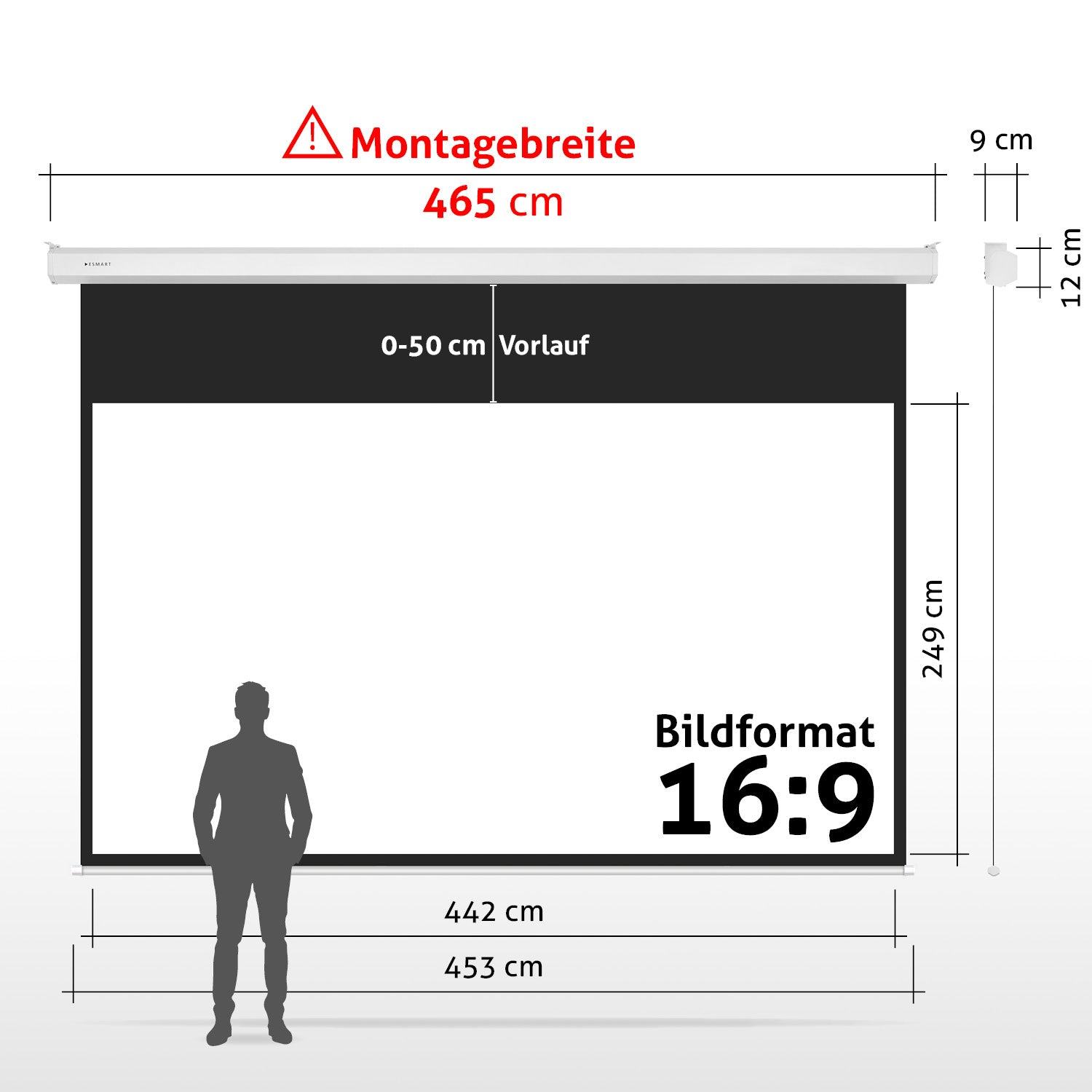 Diagramm einer Projektorleinwand mit Abmessungen. Enthält eine Personensilhouette, Größenangaben und Seitenverhältnis.