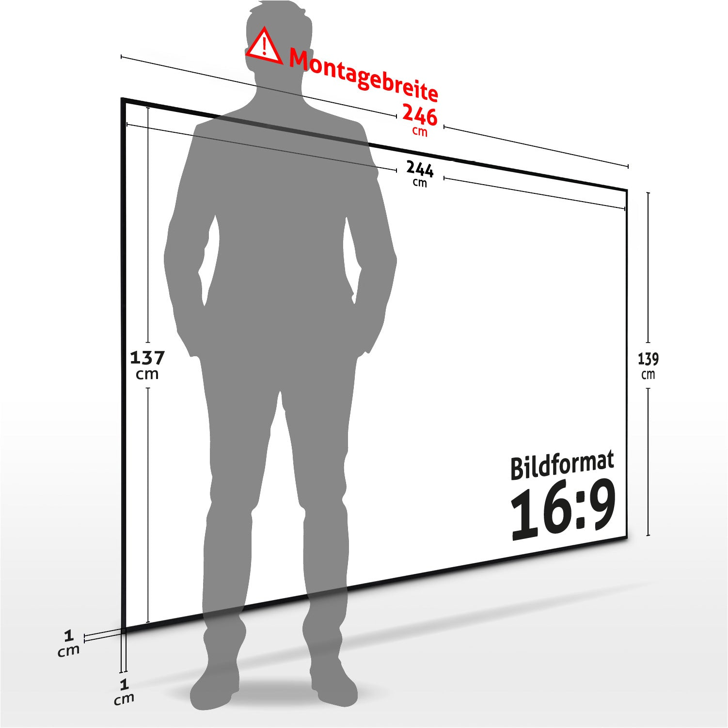 Eine graue Silhouette steht vor einer weißen Leinwand mit Maßen und Beschriftungen auf Deutsch. Das Seitenverhältnis ist 16:9.