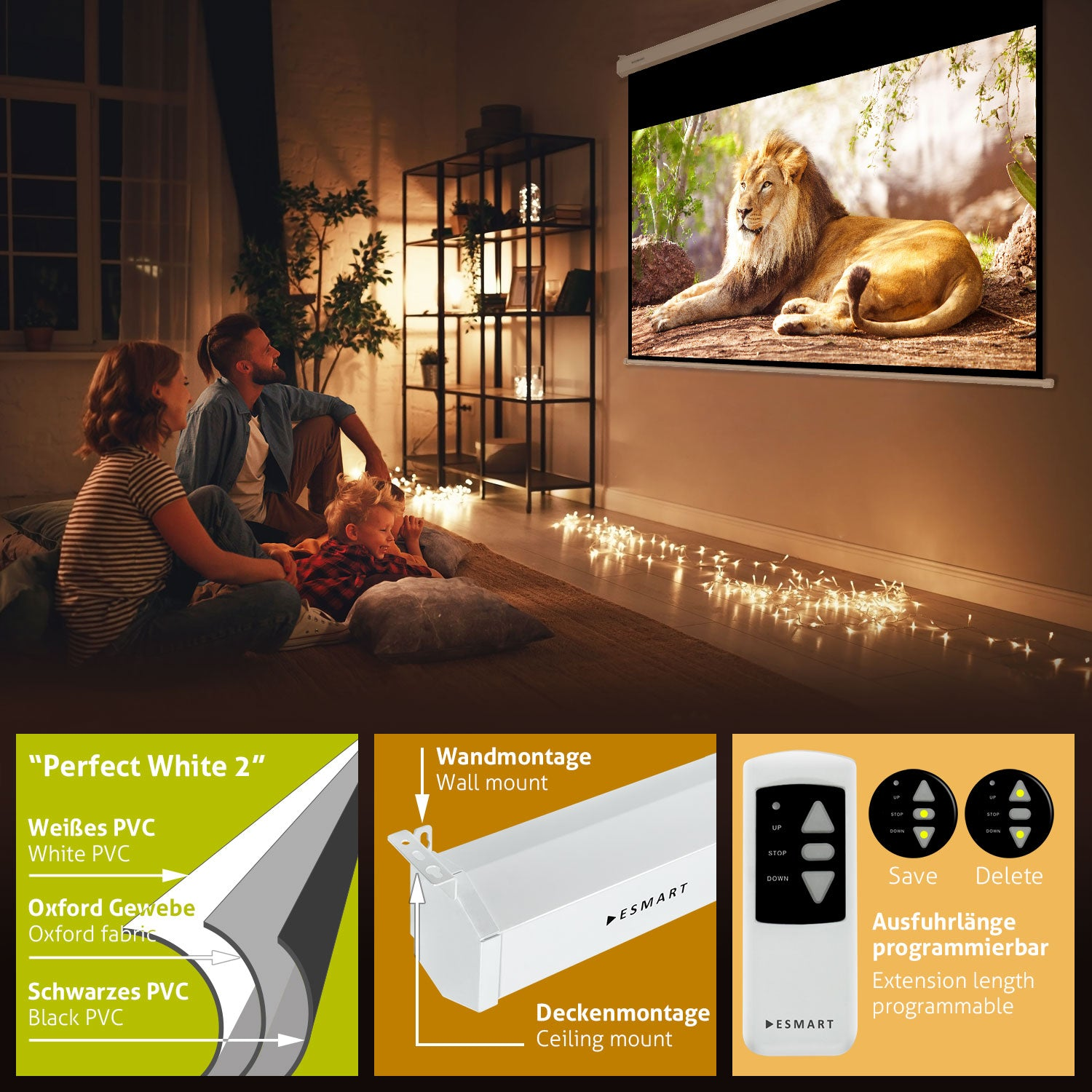 Familie schaut Löwenfilm. Beinhaltet Projektorleinwand, Fernbedienung und Produktdetails. Szene ist drinnen mit warmer Beleuchtung.