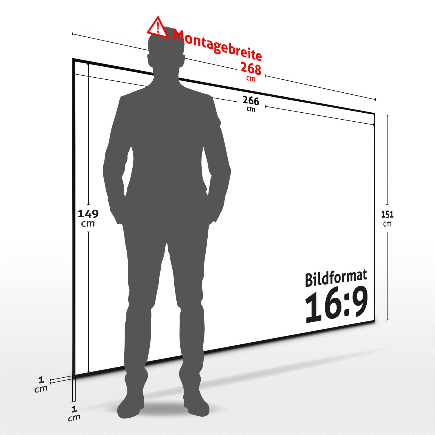 Eine Silhouette steht vor einer Leinwand mit Abmessungen und Seitenverhältnis. Warnungen und Maße in cm sind angegeben.