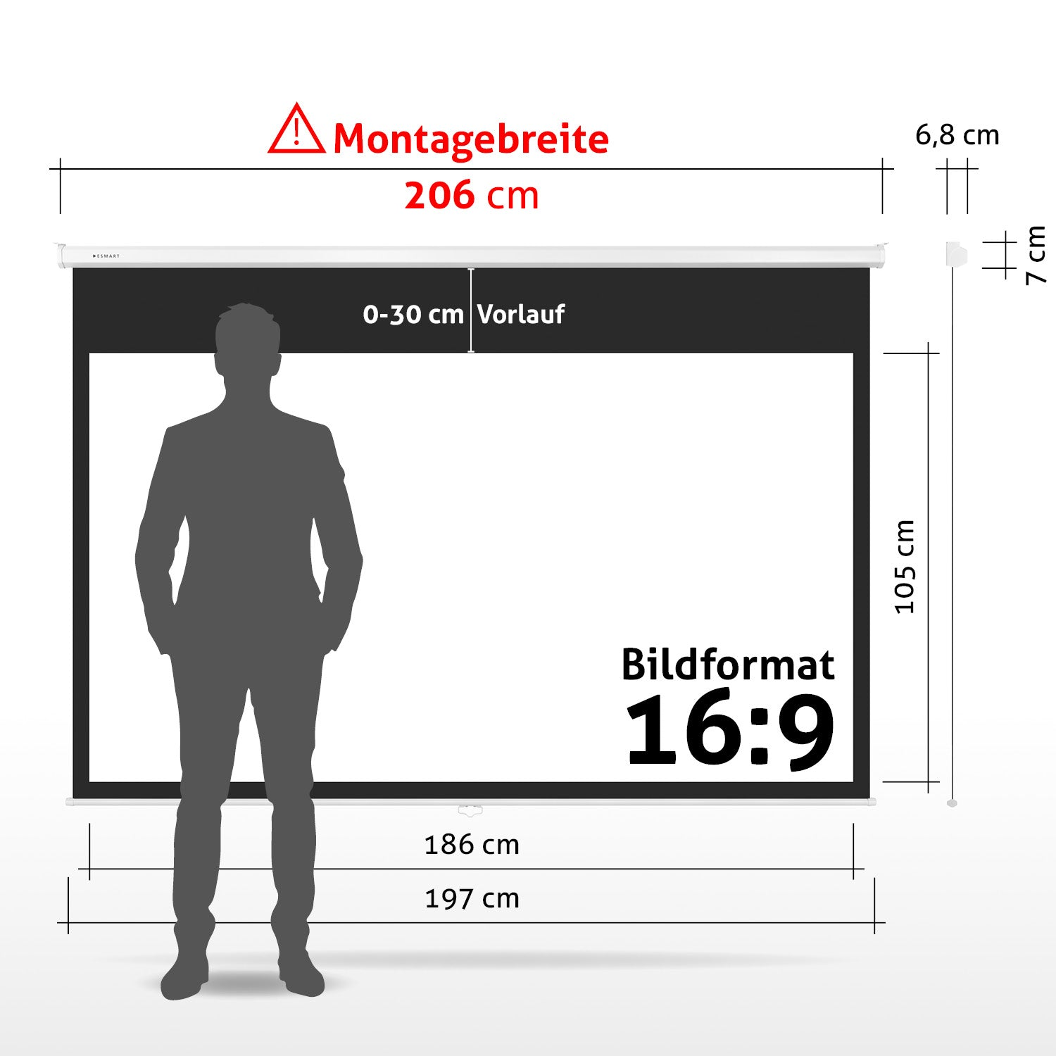 Eine Projektionsleinwand mit Maßen und einer Personensilhouette davor. Text enthält 'Montagebreite', 'Bildformat 16:9', und Maße.