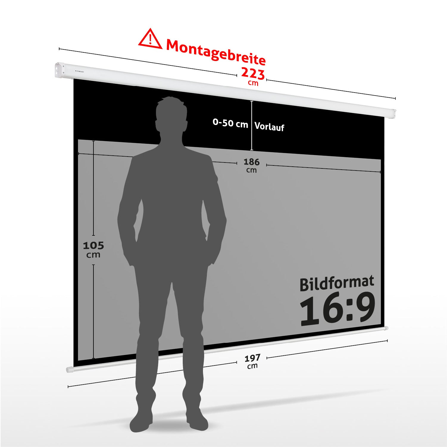 Eine Projektionsleinwand mit einer Personensilhouette. Maße und Beschriftungen sind auf Deutsch, zeigen Abmessungen und Seitenverhältnis 16:9.