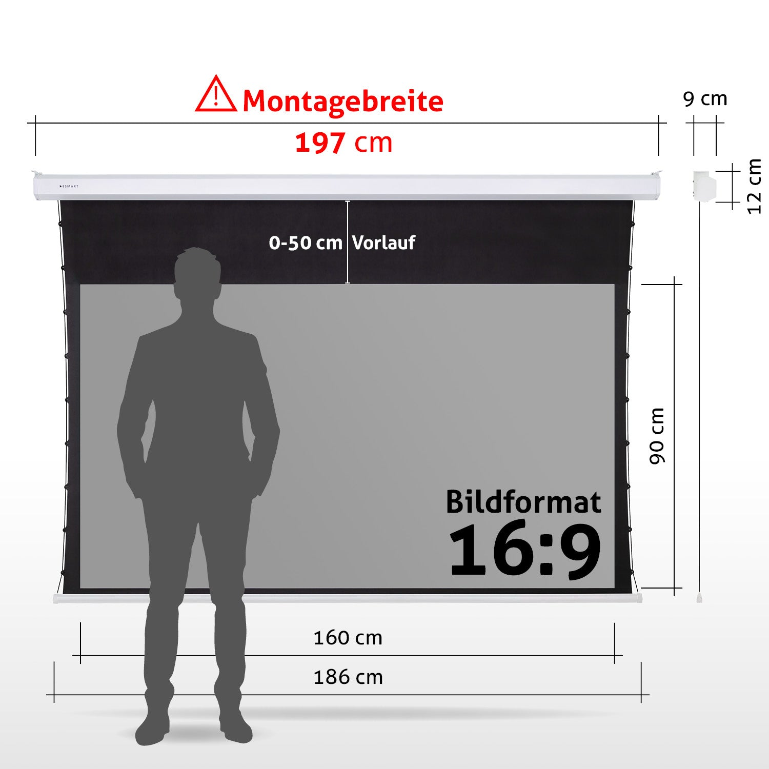 Ein Mann steht vor einer Projektionsleinwand. Die Bildschirmabmessungen und Maße sind in Zentimetern angegeben.