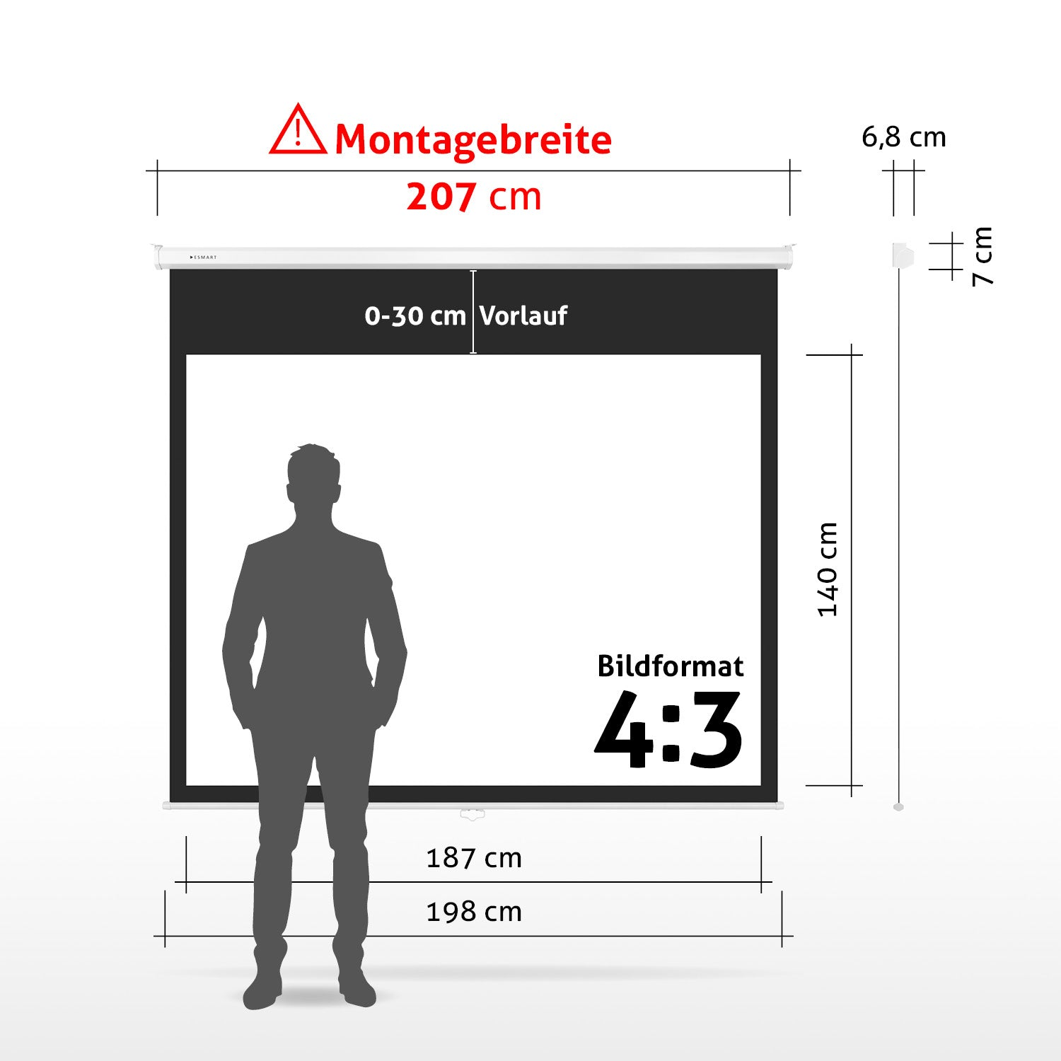 Diagramm einer Projektorleinwand mit Maßen. Eine Personensilhouette steht davor. Text enthält Maße und Seitenverhältnis.