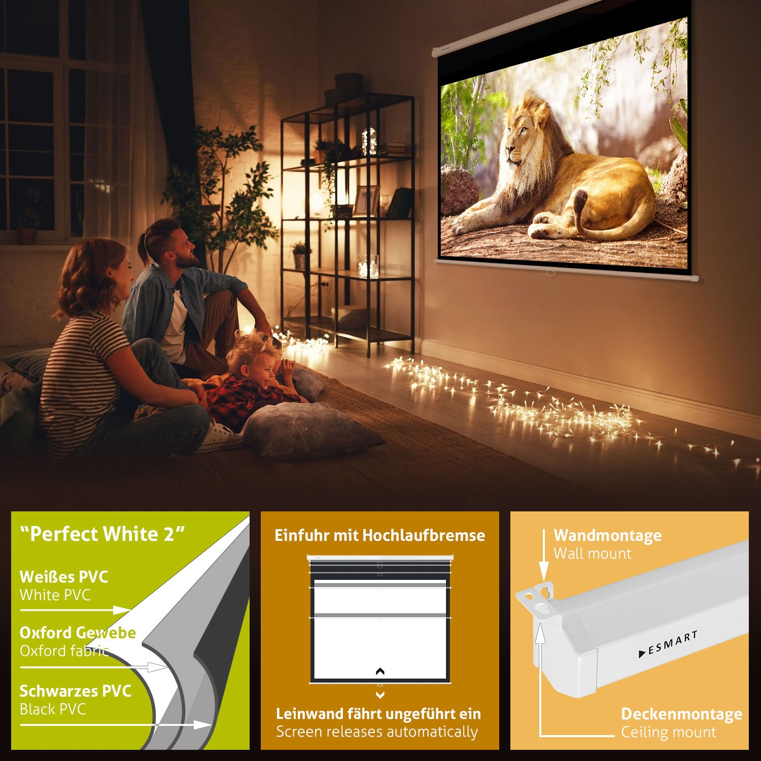 Familie schaut Löwen auf Projektorleinwand. Details zeigen Leinwand, Mechanismus und Wandhalterung.