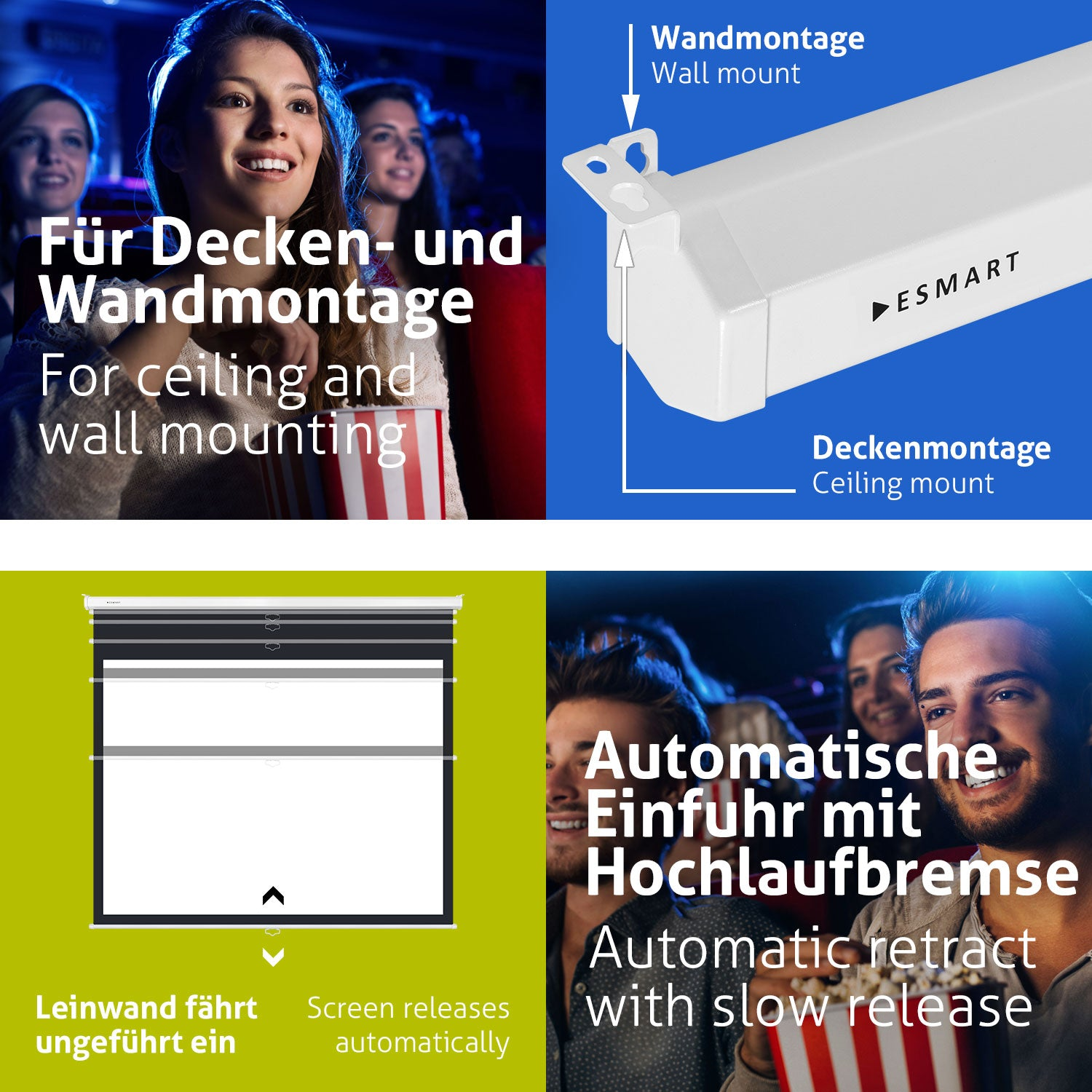 Ein Werbebild. Es zeigt vier Abschnitte: Kinobesucher, eine Projektorhalterung, eine Leinwand und einen Mann im Kino.