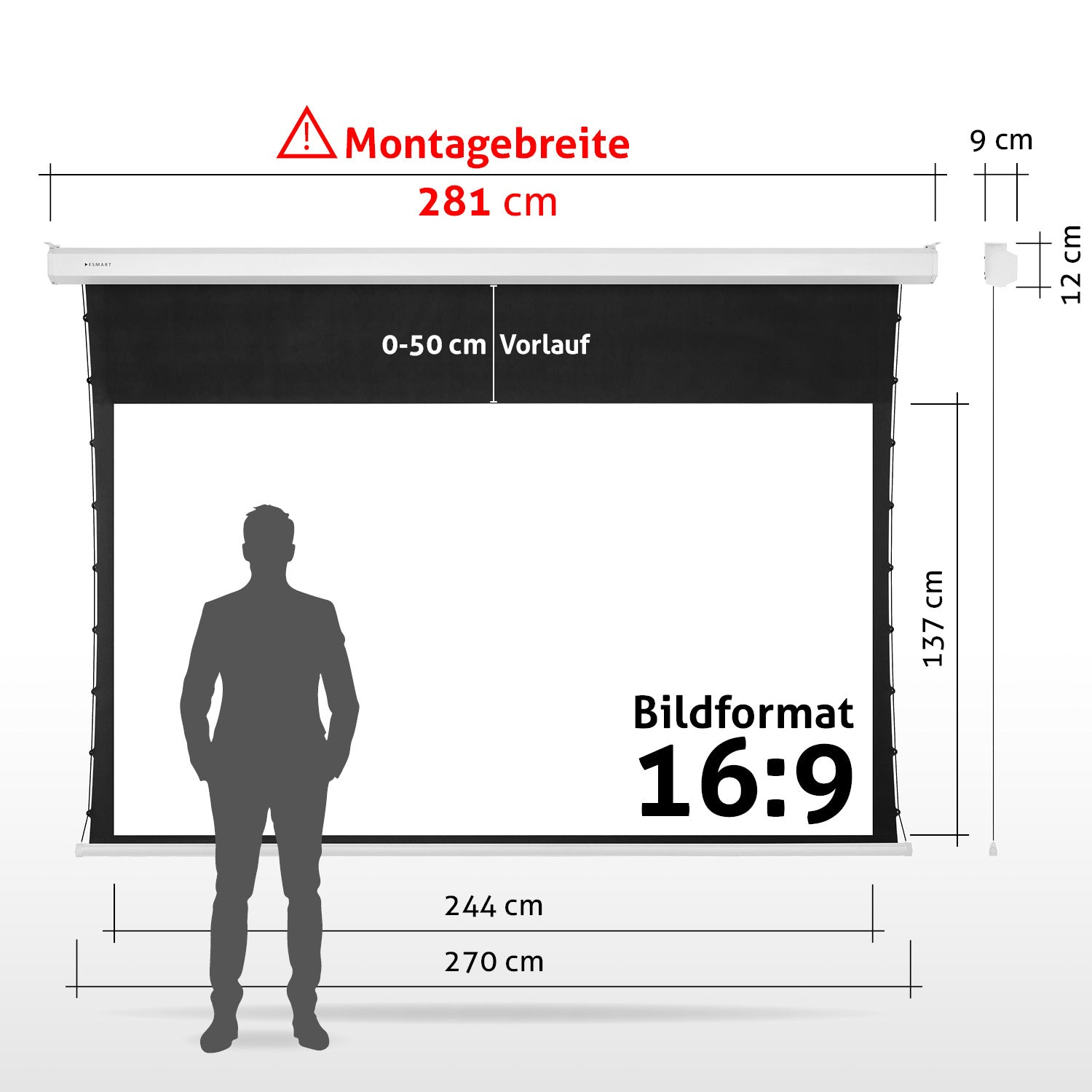Eine Projektorleinwand mit einer Männersilhouette davor. Abmessungen sind in cm angegeben. Das Bildschirmformat ist 16:9.