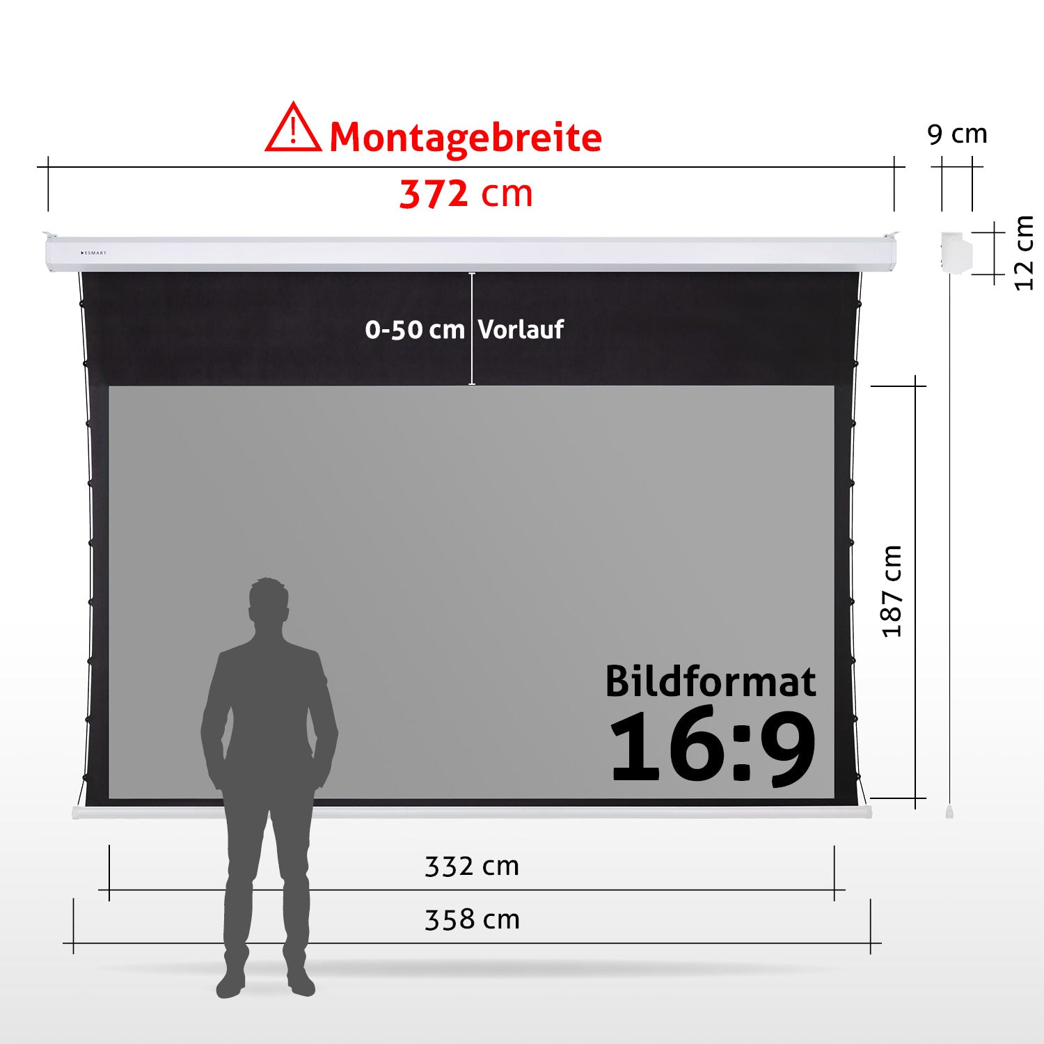 Eine Projektionsleinwand mit Maßen und einer Personensilhouette. Maße sind angegeben, und das Seitenverhältnis ist 16:9.