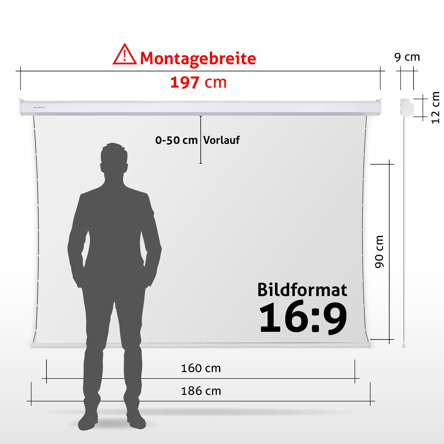 Eine Männersilhouette steht vor einer weißen Leinwand. Abmessungen: 197cm, 160cm, 186cm, 90cm. Seitenverhältnis 16:9.